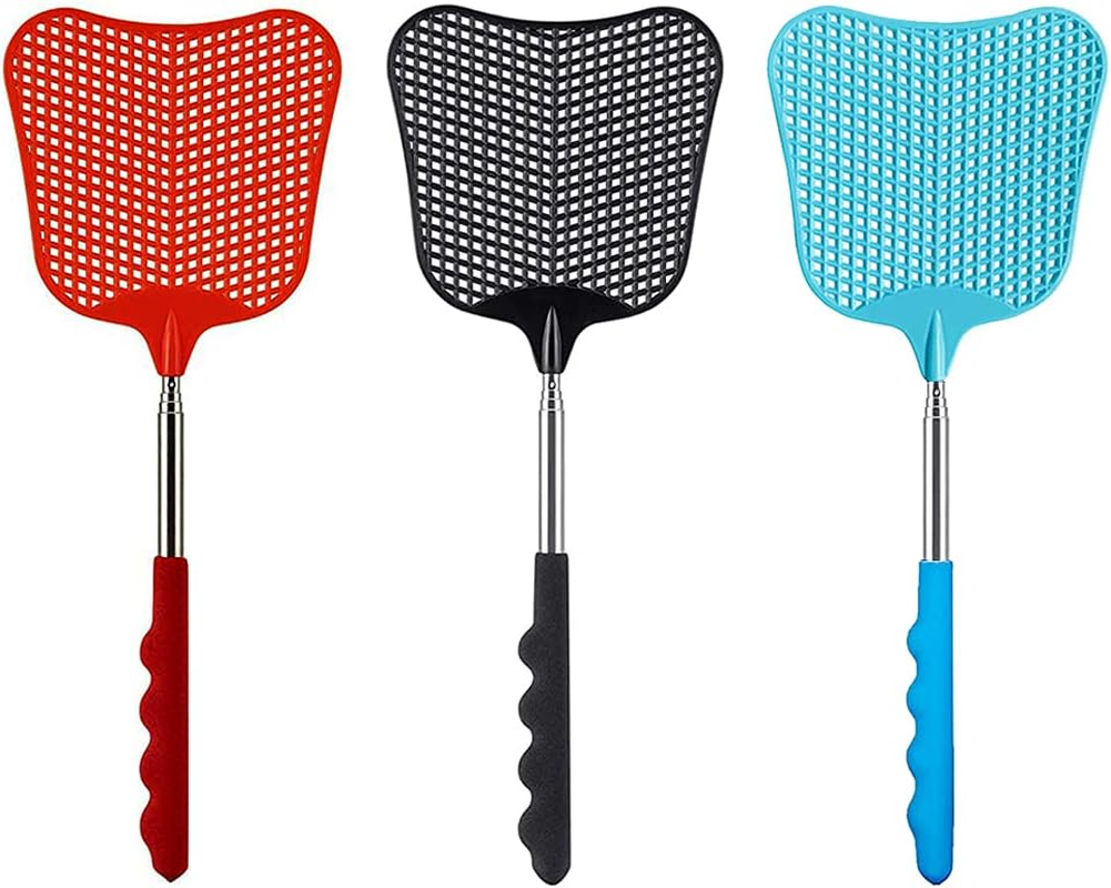 Extendable Fly Swatter, 3 Pcs Durable Heavy Duty Plastic Manual Swat Pest Swatter with Extendable Stainless Steel Handle for Office, Home, School, Swat Pest, Fly(Black, Red, Blue) image number 3