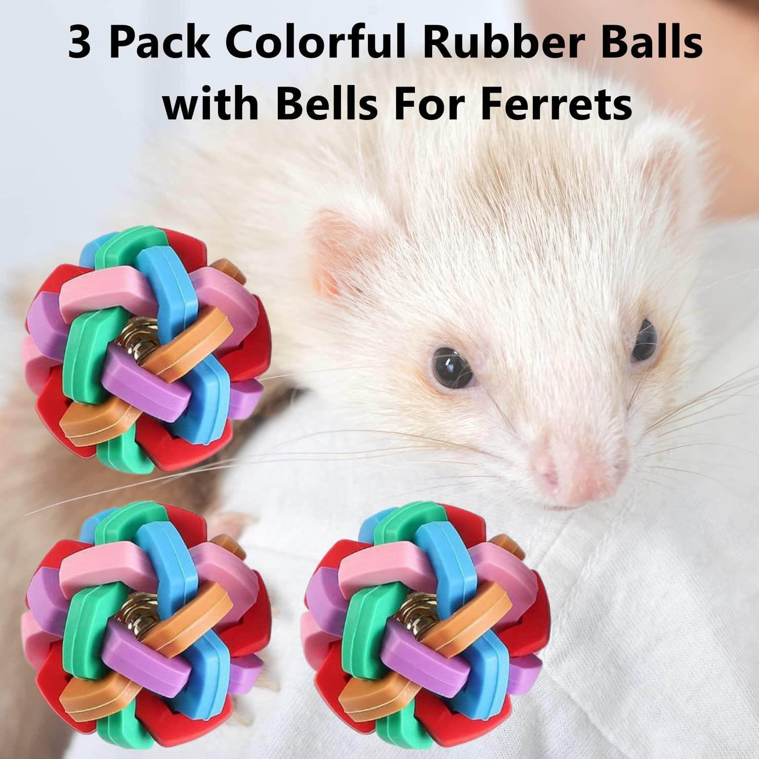 3 Pack Bouncy Rubber Balls - Colorful Wiggle Balls with Built-In Bell for Ferret Teeth Grinding, Interactive Sound Toy, Exercise & Scratch Chew Toys for Indoor Pet Cat Dog image number 3