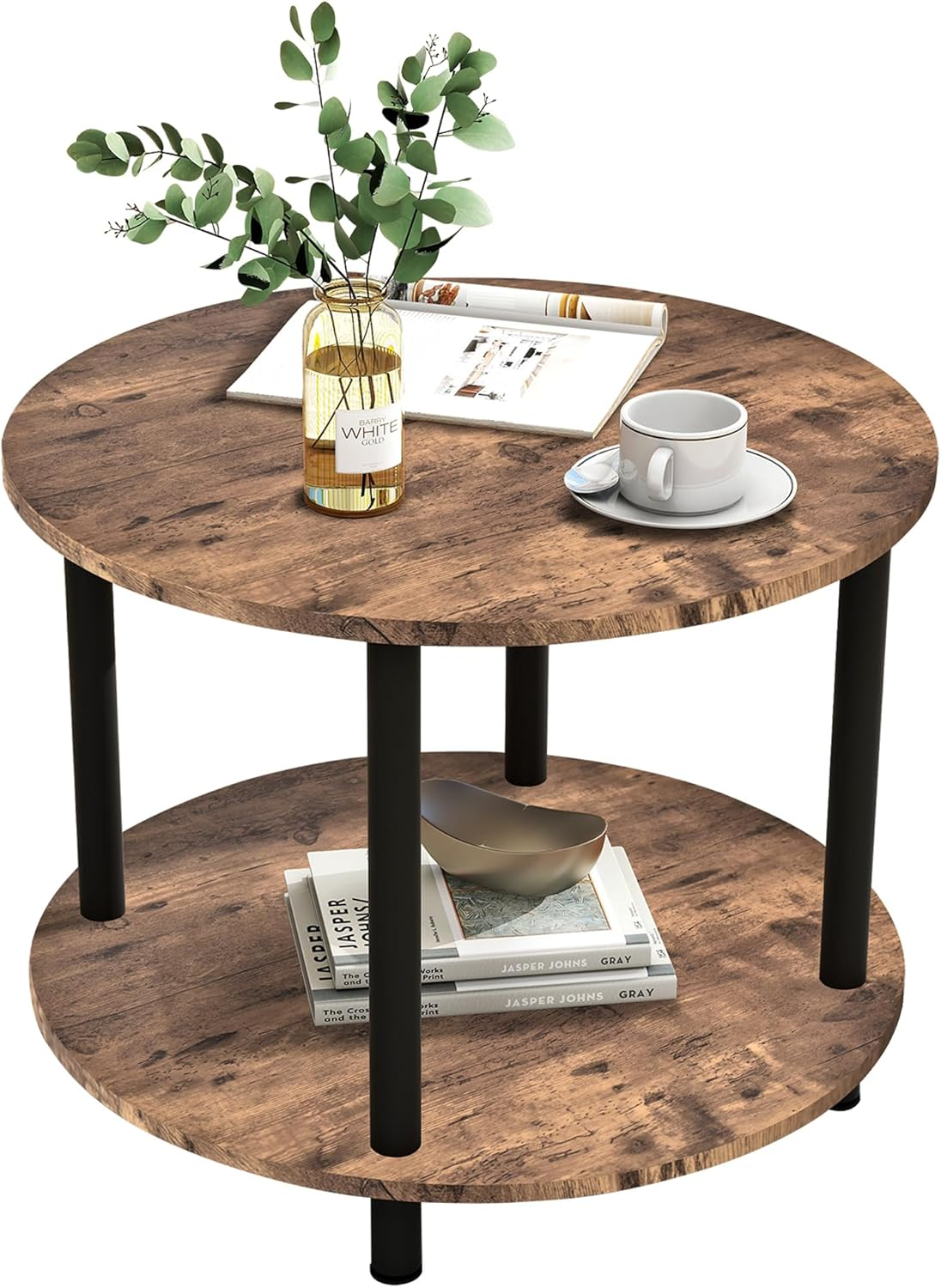 VERFARM 60CM round Coffee Table, 2-Tier Small Circle Coffee Table with Storage, Modern Center Accent Table with Metal Frame, Side Table End Table for Small Space, Living Room, Office, Teak Oak