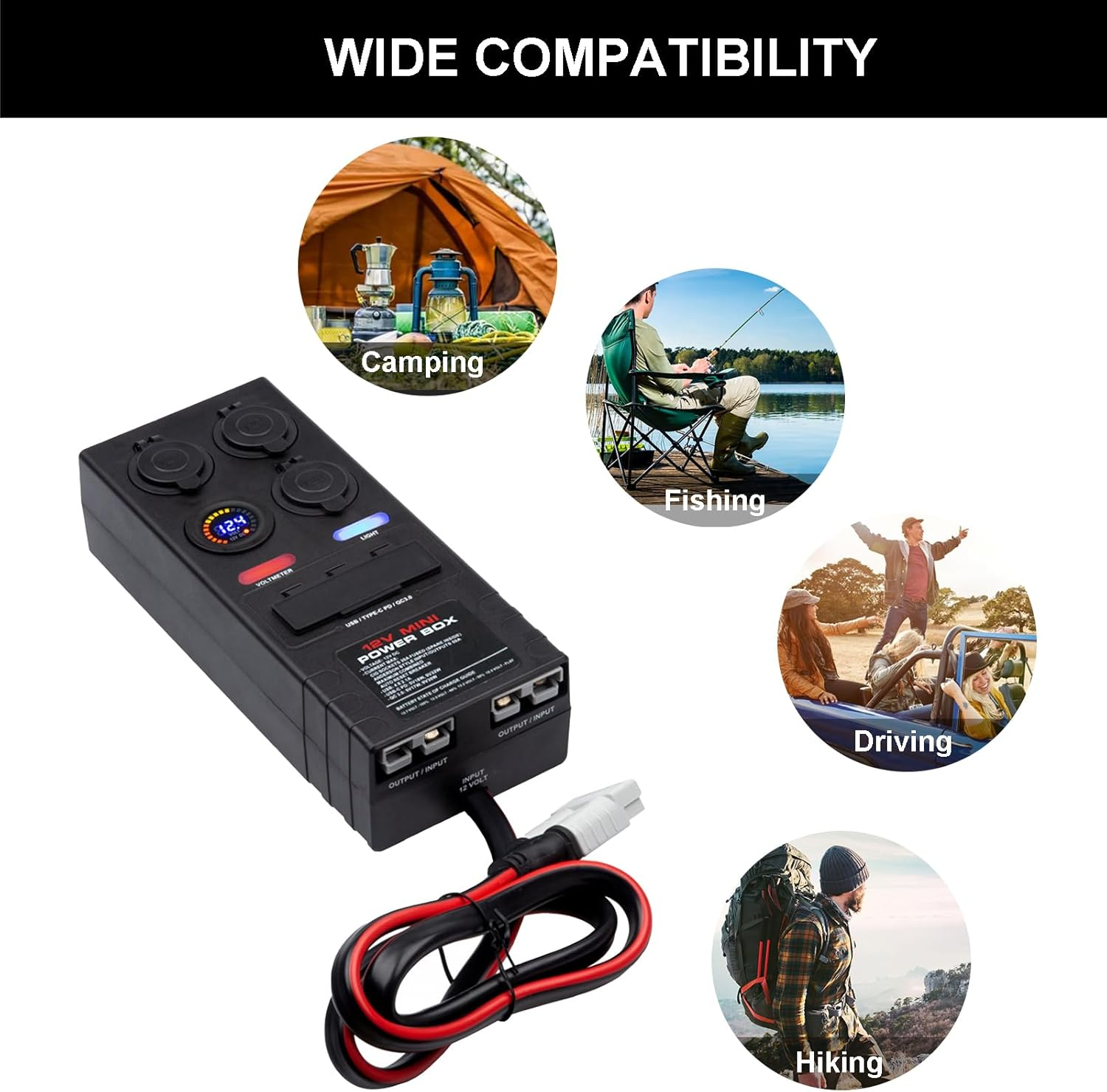 Mini Power Distribution Box 12V DC Battery Socket Max. 50A Current with 2 X Anderson, 6 X USB & 3 X Cig Sockets, Mini Battery Box for Outdoors RV Camping Fishing Emergency