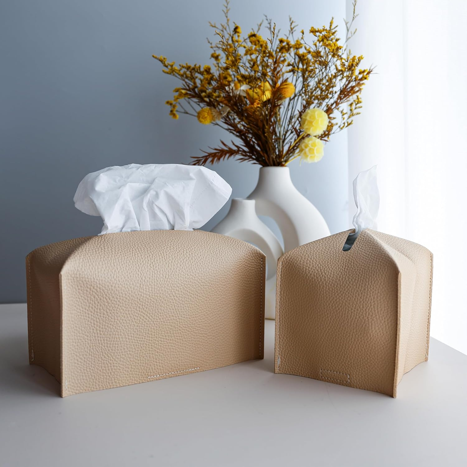 2Pcs Tissue Box Cover, Modern PU Leather Rectangular Tissue Box Holder - Decorative Holder/Organizer for Bathroom Vanity Countertop, Night Stands, Office Desk