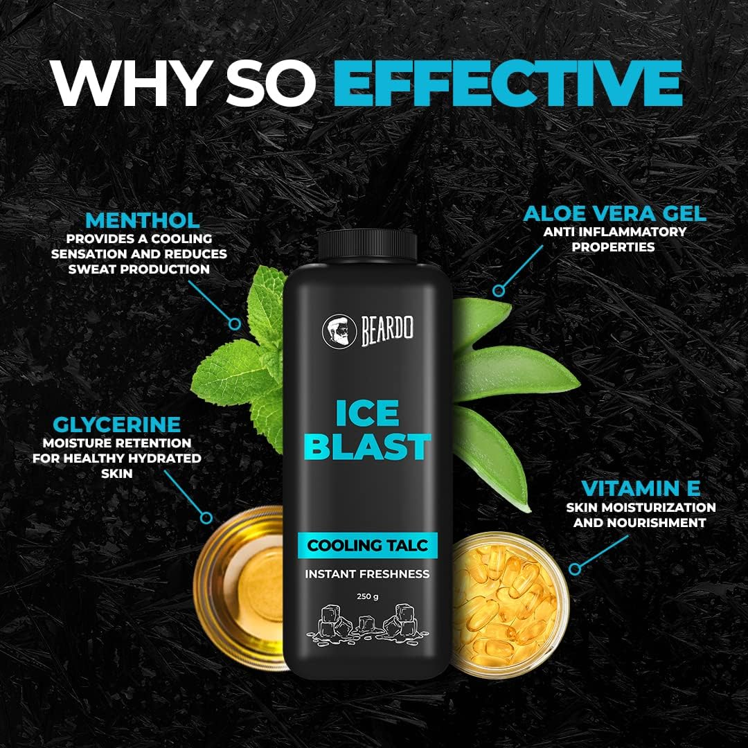 Beardo Ice Blast Cooling Talc, 250G | Menthol Talc for Men | INSTANT ICY Cool Freshness Talcum Powder image number 5