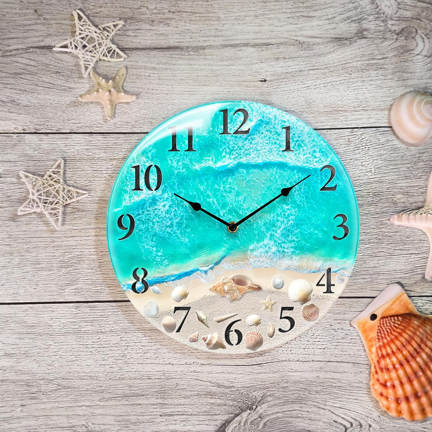 Coastal Nautical Glass Wall Clock with Seashell Design and Aesthetic Beach Theme - Battery Operated Silent Wall Decor for Home, Kitchen, Living Room, Office, Bedroom, or Bathroom (14 Inch,Teal) image number 6