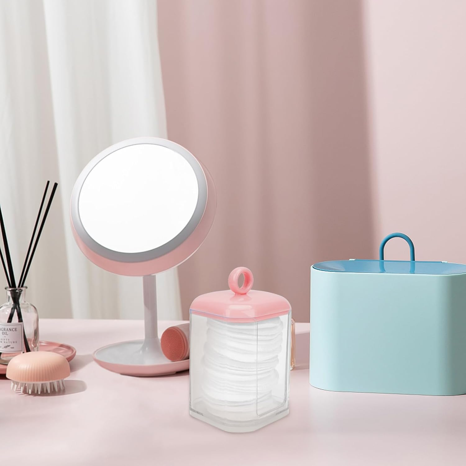 Reignsword Double Layer Cotton Swab Holder Dispenser, Plastic Storage Containers with Lid for Bathroom Vanity Countertop, Clear Bathroom Canisters for Cotton Swab, Ball, Cotton Pad (Pink) image number 3