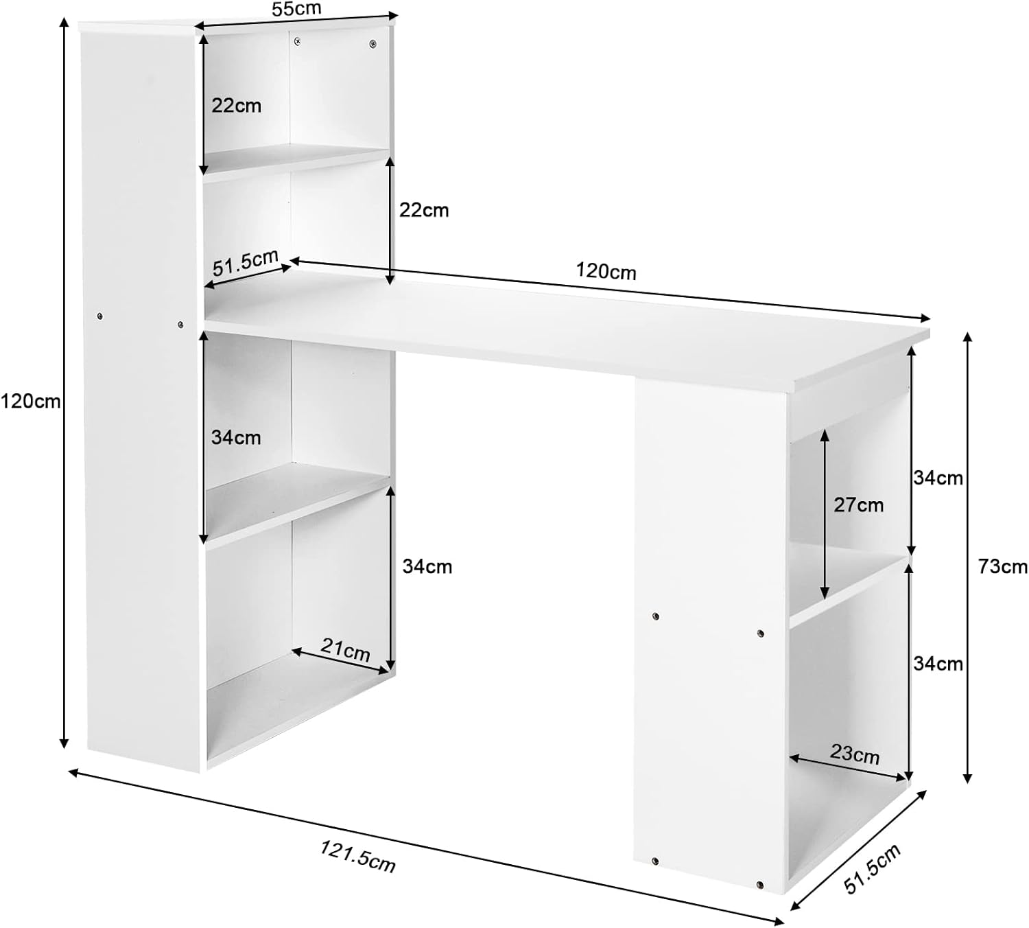 Giantex Reversible Computer Desk with Bookshelf, Writing Study Workstation W/Storage Shelves & CPU Stand, Modern Computer Table W/Large Desktop for Home & Office, Space-Saving Design (White) - Type 6 White image number 3