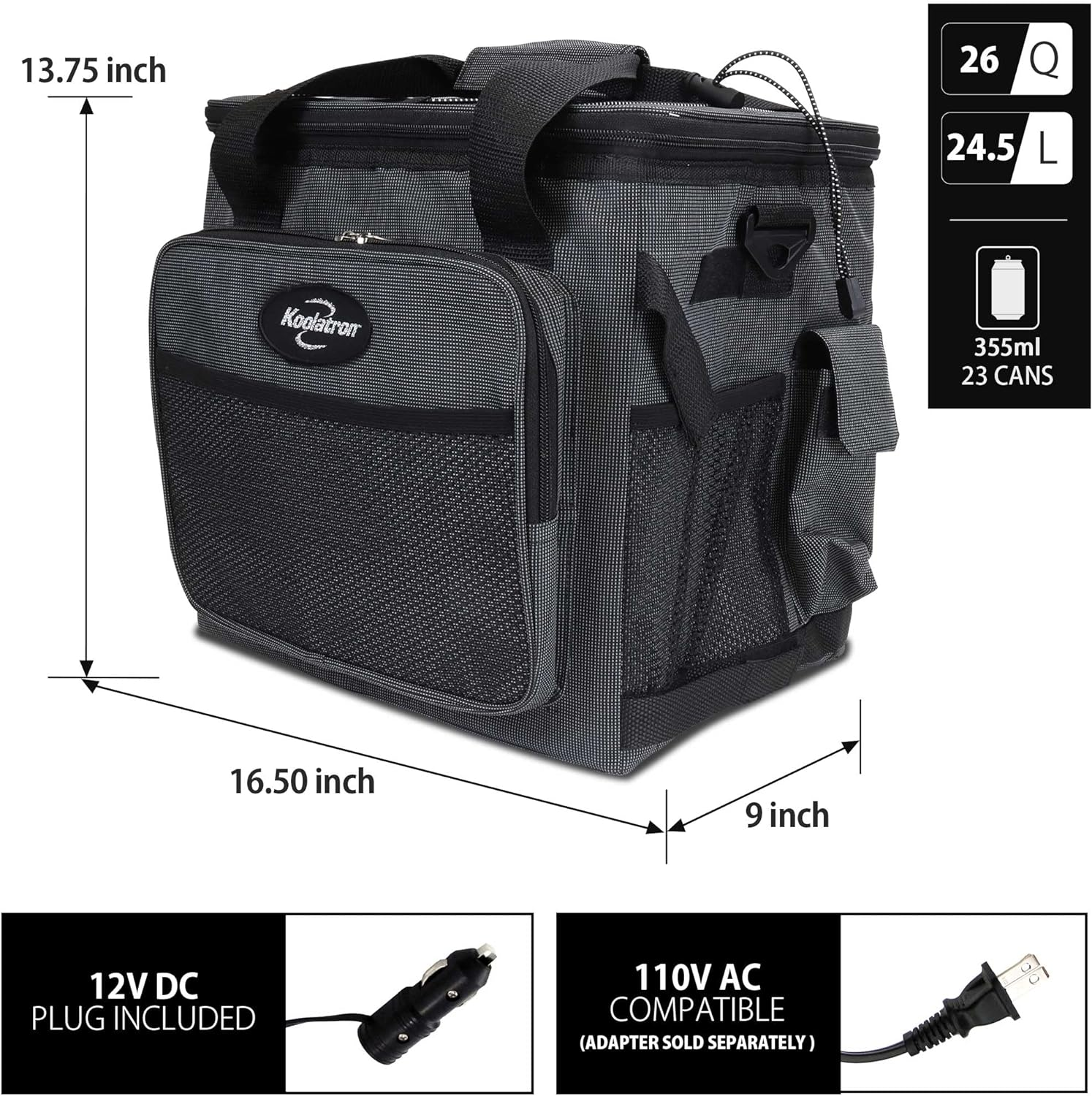 Koolatron 12V Electric Cool Bag, 25L, Thermoelectric Soft Cooler Bag, 12 Volt DC Connection, Foldable Storage, Plug in Iceless Portable Picnic Bag, for Work Travel Vehicle Car, Truck, Gray/Black image number 3