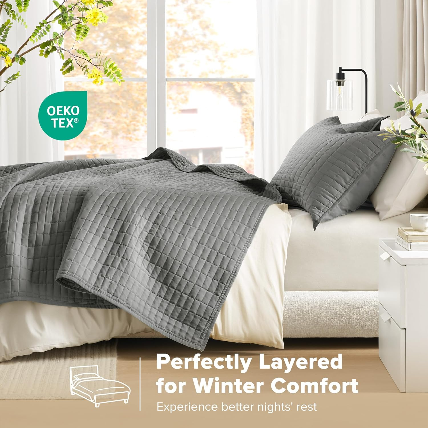 Comfort Spaces Kienna Quilt Set-Luxury Double Sided Stitching Design Summer Blanket, Lightweight, Soft, All Season Bedding Layer, Matching Sham, Charcoal Grey, Coverlet King (104"X90") 3 Piece image number 2