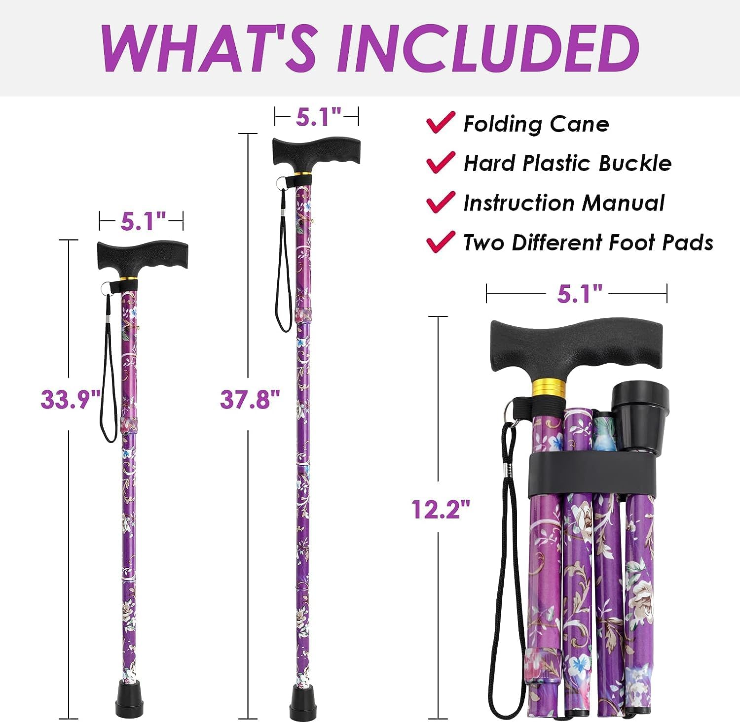 Folding Hiking Cane, Portable Adjustable Walking Stick, Suitable for Outdoor Mountaineering Enthusiasts and Elderly People with Limited Mobility(Purple)