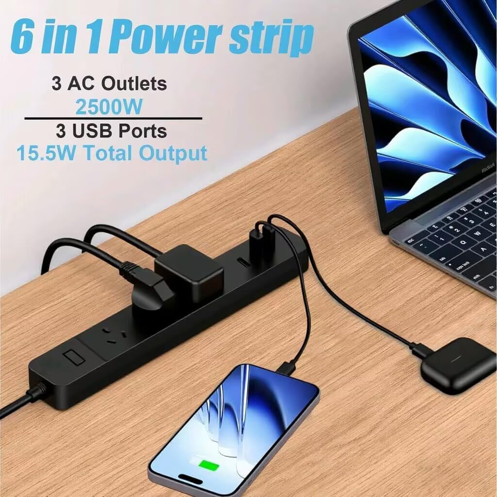 Power Strip Socket 3M Extension Cord Power Board with 3USB Port Charge for Sweeping Robot, Phone, Surge Protector Powerboard 3 AC Outlets, Max 2500W/10A, AU Plug Socket with Switch for Home (Black) image number 3