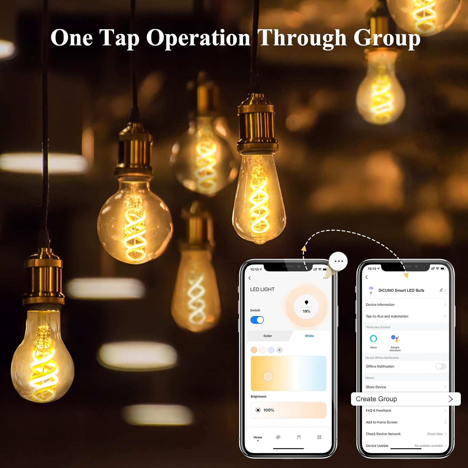 Dicuno Smart Bulbs, E27 LED Edison Bulbs ST64, Dimmable Wifi Light, Compatible with Alexa or Google Assistant, 5W (50W Equivalent), 450LM, 100-240V, 2700K-6500K, No Hub Required image number 3