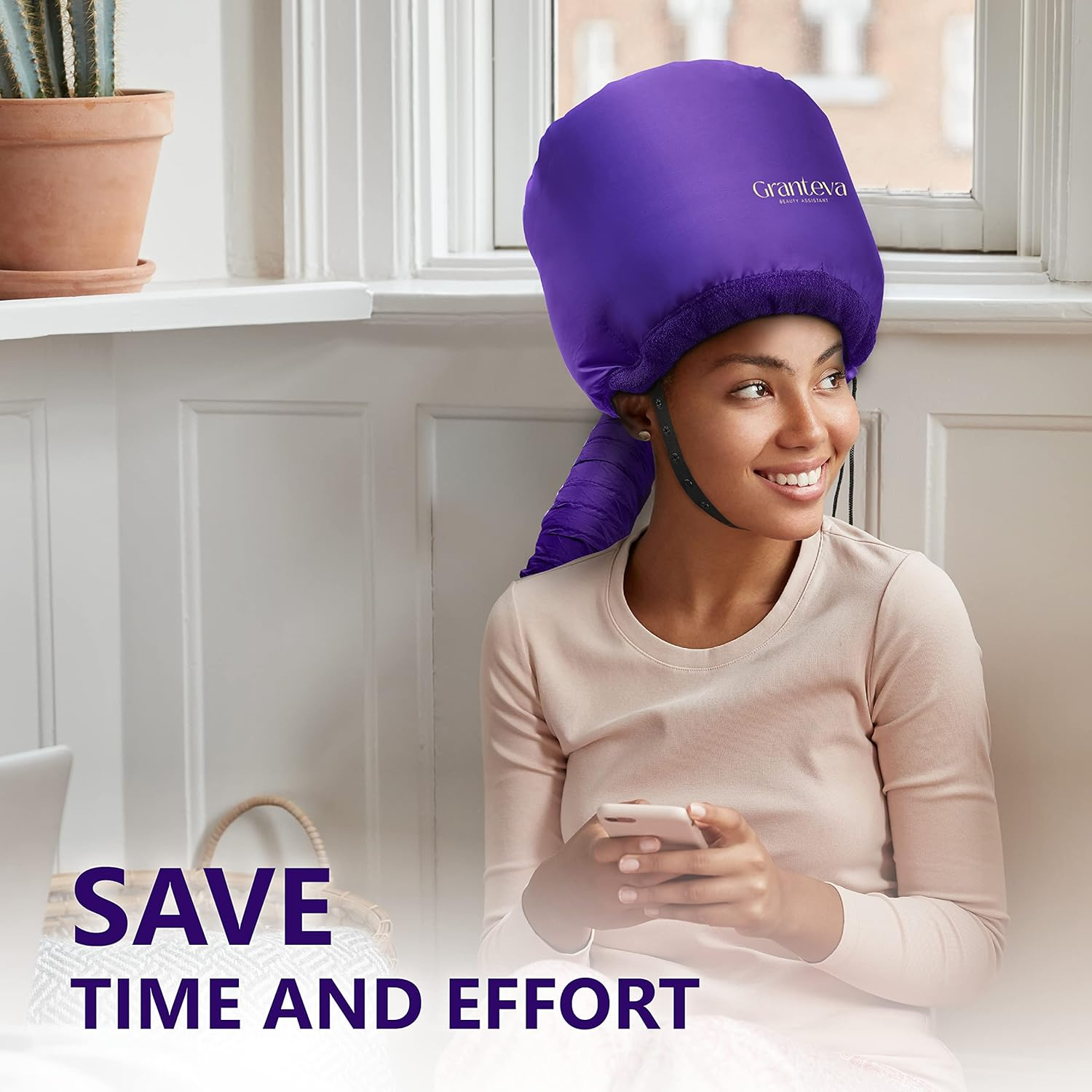 Hair Dryer Bonnet W/A Headband Integrated That Reduces Heat around Ears & Neck - Hair Dryer Diffuser Cap for Hair Dryer Curly Hair, Speeds up Drying Time, Deep Conditioning at Home - Large (Purple) image number 6