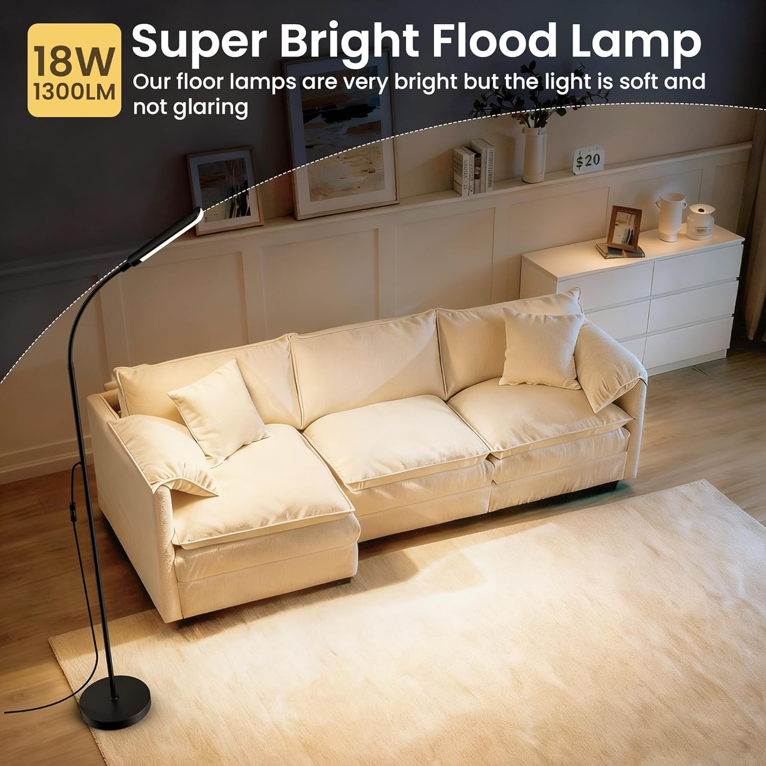 LED Floor Lamp, 1300Lm Standing Lamp with 4 Scene Modes, 175Cm Conner Lamp with Stepless Dimming/Color Temperature, 360&deg;Rotatable Neck Floor Lamps for Living Room, Office, Reading, Bedroom image number 2