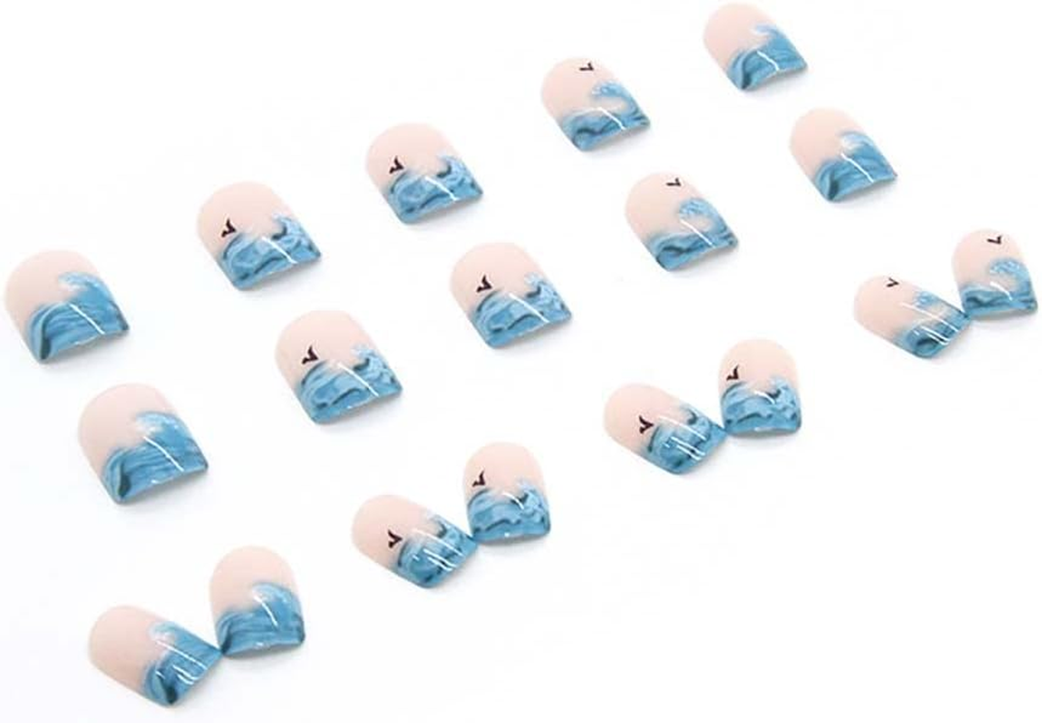Rikview French Tip Press on Nails Short Square Stick on Nails 24 Pcs Blue Waves Design image number 4