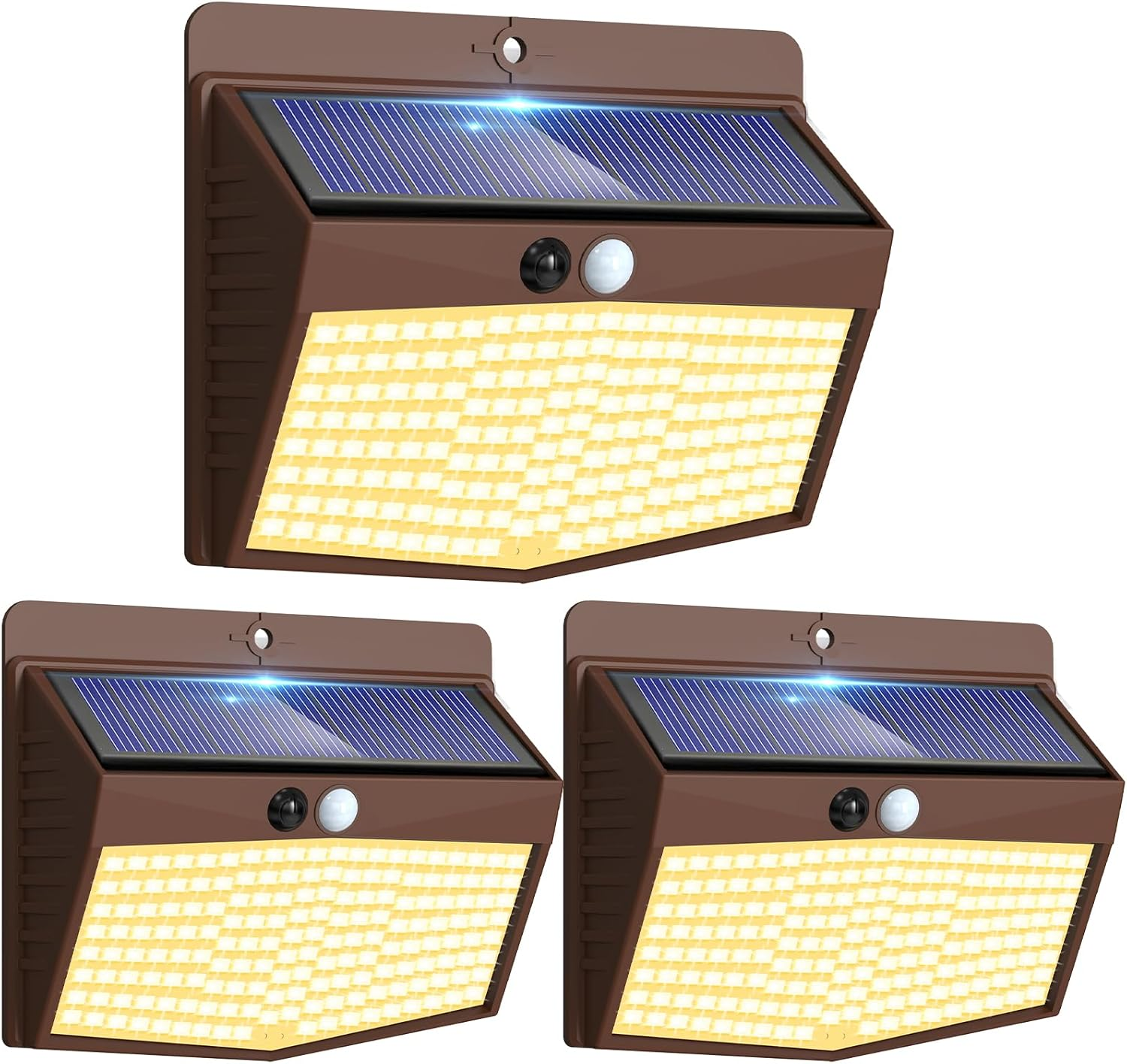 Peasur Warm White Pack of 3 Solar Lights for Outdoor Use with Motion Sensor, 138 LED, Super Bright Solar Light, Security Wall Light, 3 Modes, IP65 Waterproof Wall Light, Garden, Brown Frame image number 3