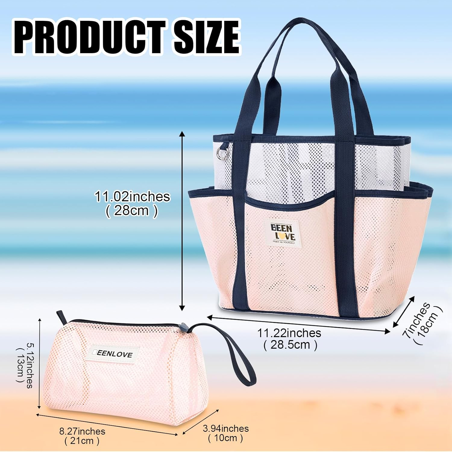 NHEWMAS Mesh Beach Bag Swimming Bag - Large Beach Tote Bag & Clutch Bag Set for Family Pool for Swimwear Sunglasses Toys and Vacation Essentials (Light Pink) image number 4