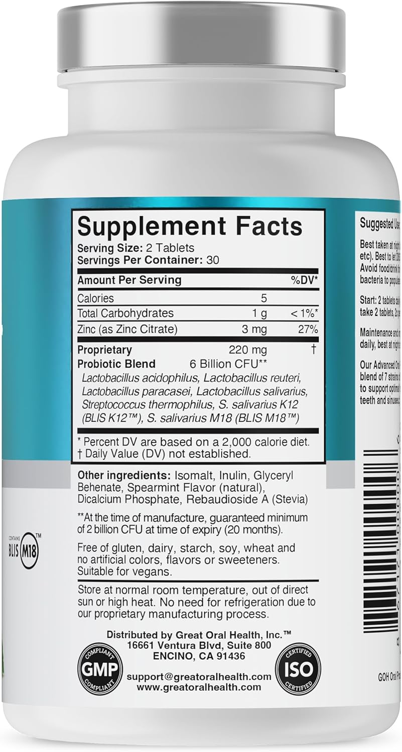 Oral Probiotics for Fresh Breath, Dentist Formulated Dental Probiotics with BLIS K12 M18, 60 Chewable Tablets &ndash; Mint Flavor