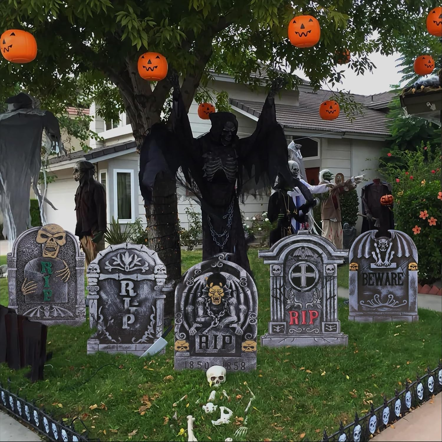 5 Pack Halloween Decorations, Halloween Tombstones Outdoor Decorations for Graves Decorations with 12 Metal Stakes Realistic Scary Skeleton RIP Gravestones, Halloween Yard Waterproof Lawn Decor image number 4
