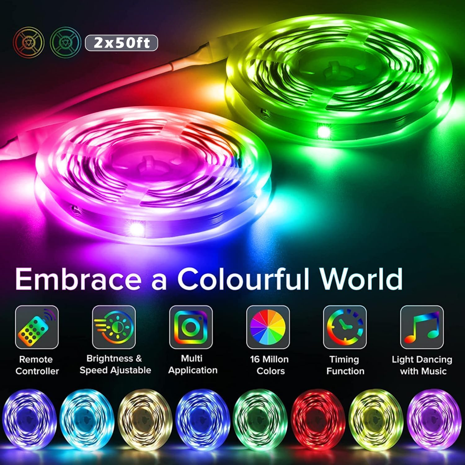 100Ft LED Lights Room Decor, KIKO 30M Led Lights Strip for Bedroom Smart Color Changing 3535 RGB Light Strips with Bluetooth Controller Sync to Music Apply for TV, Bedroom, Party and Home Decoration image number 4