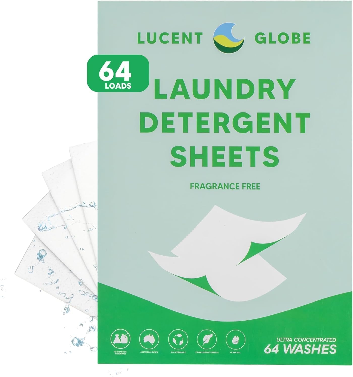 Lucent Globe Sensitive Fragrance Free Laundry Detergent Sheets, 64 Washes, Plant-Based, Biodegradable, Plastic Free Packaging 64 Count image number 5
