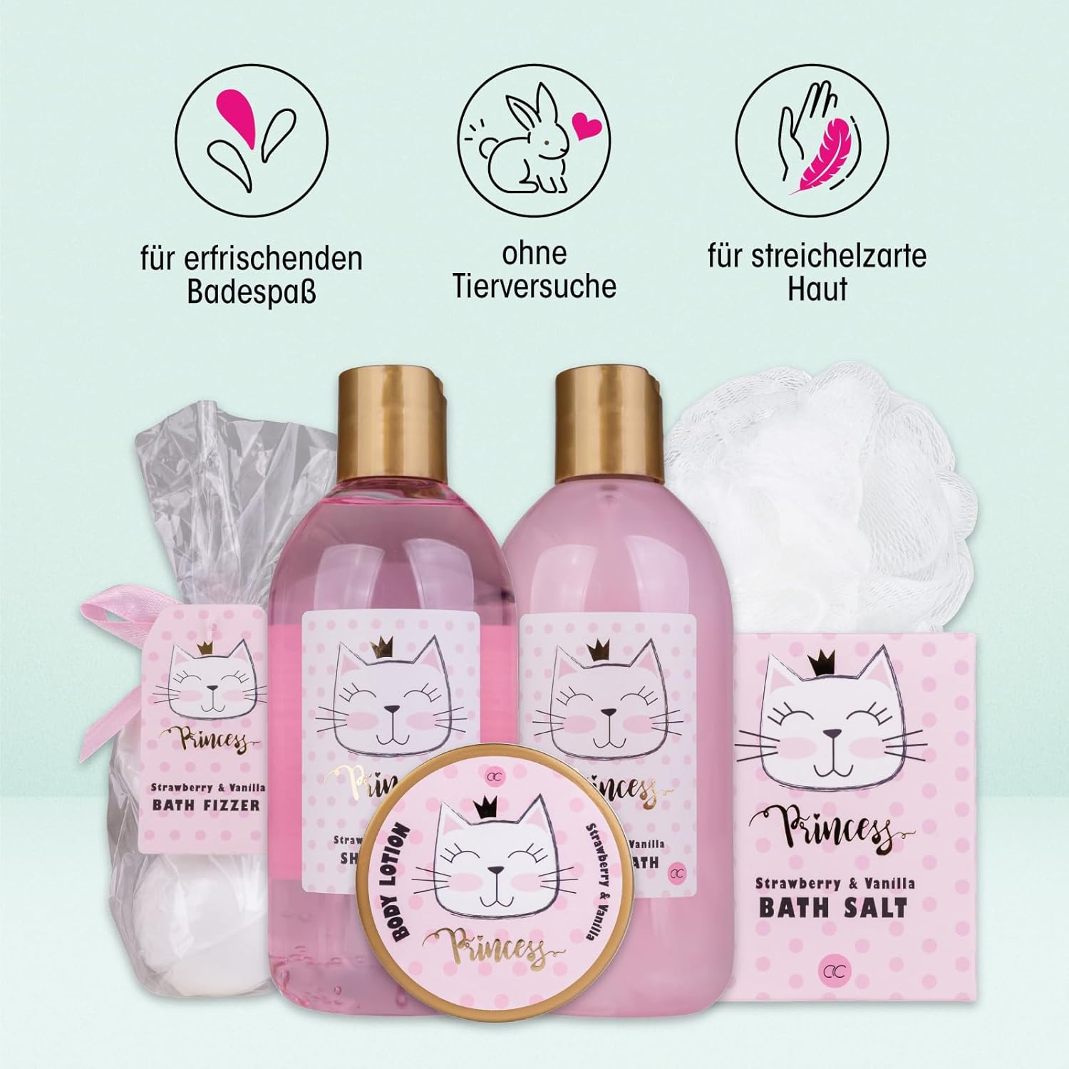 Accentra Princess Kitty Gift Set for Girls & Women - 7-Piece Shower Set with Bubble Bath, Bath Bombs, Shower Gel, Body Lotion & More - Care Set with Strawberry & Vanilla Fragrance in Cute Paper Case