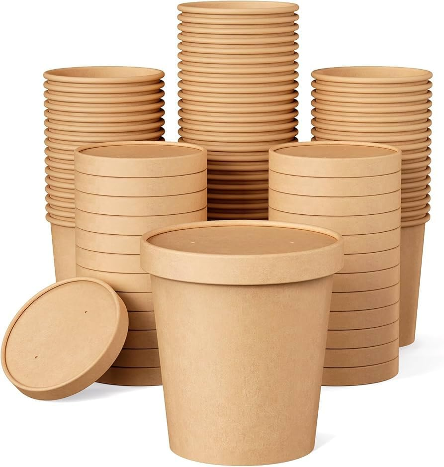 25 Sets,16Oz Kraft Disposable round Containers W/Lids, (95Mm X 105Mm), for Hot and Cold, Ice Cream, Soup, 473Ml Brown Takeaway Tubs image number 4