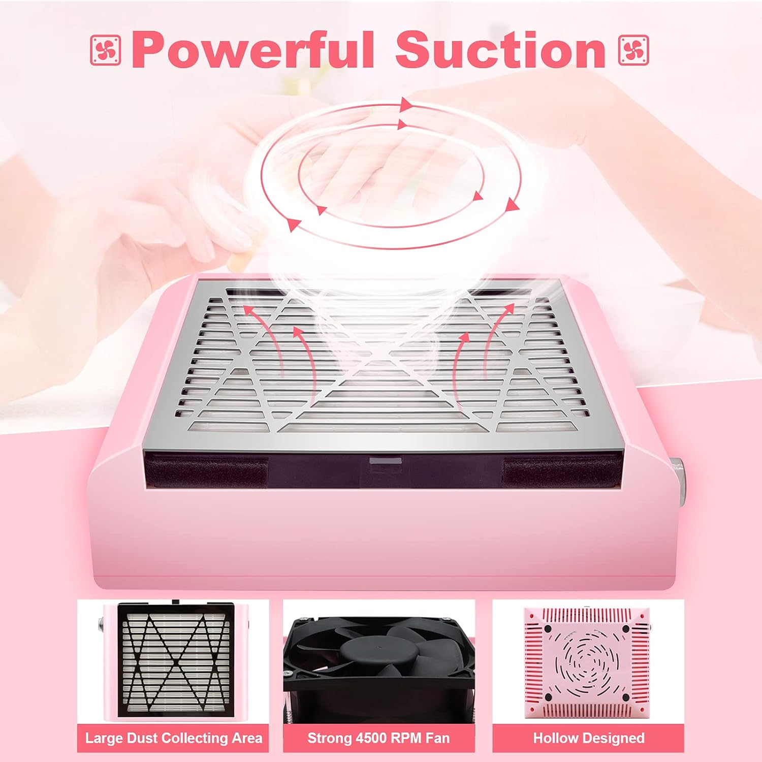 BRANTMAKER Nail Dust Collector with Brush and 2 Reusable Filters, 60W Vacuum Dust Fan for Acrylic Nails (Pink) image number 2