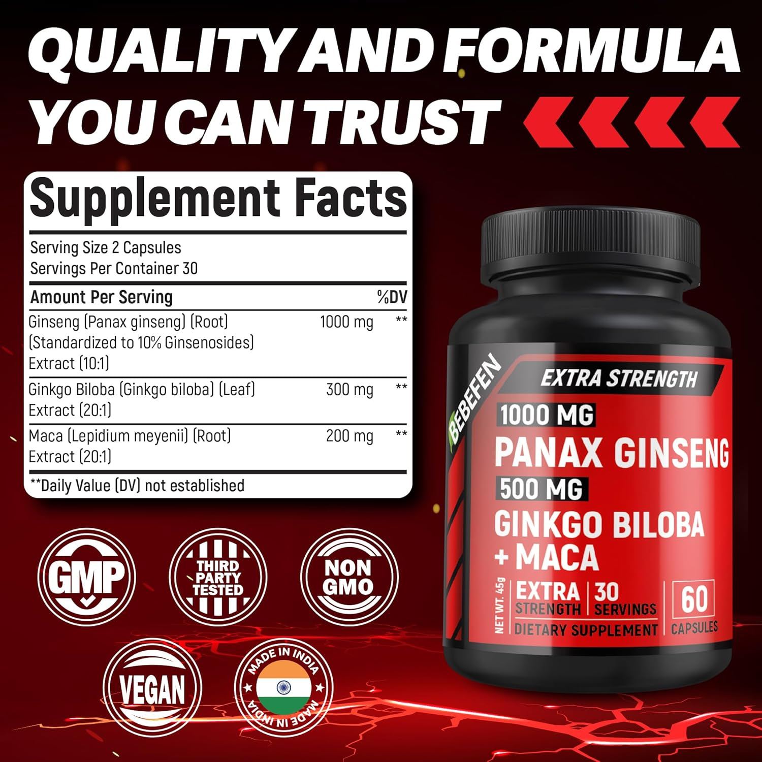 Panax Ginseng & Ginkgo Biloba Supplement - Red Korean Ginseng, Ginkgo Biloba Capsules, and Maca for Men & Women - Vegan Pills - 60 Count image number 6