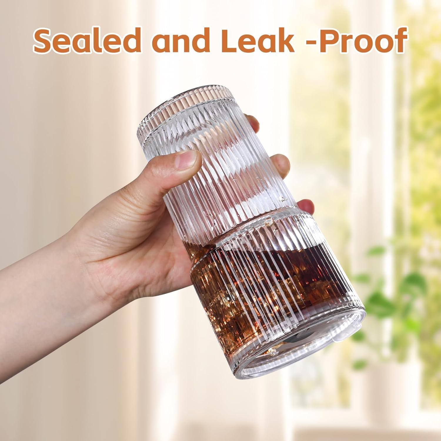 AUMA 20Oz Glass Tumblers with Lids and Straws, Set of 2 - Stylish Ribbed Design Drinking Glasses for Iced Coffee Cups, Juice, Smoothies, Cold Beverages, Includes Cleaning Brush, Durable Glassware image number 5