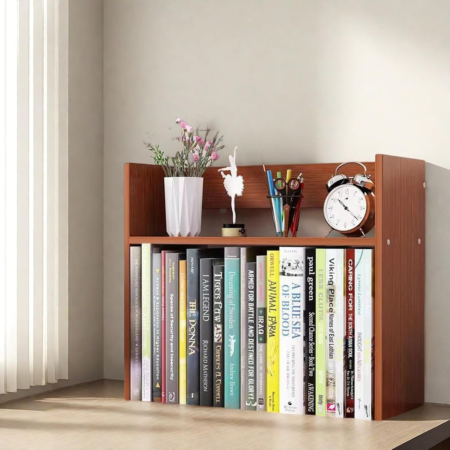 Desktop Wooden Bookshelf Organiser with Top Storage Shelf, 2-Tier Design Bookcase A205 (Black)