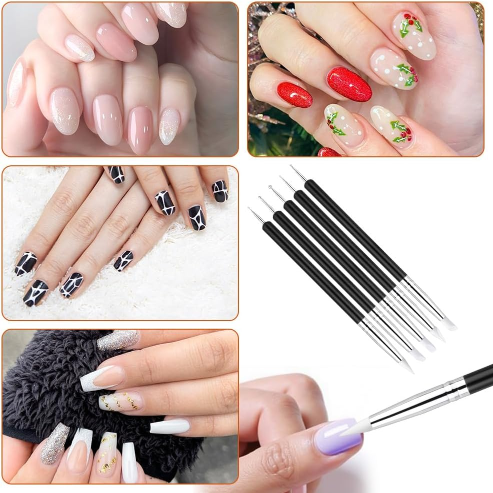 BUTBU 5PCS Nail Art Sculpture Pen, Dual Tipped Silicone Nail Tools, Doubel Ended Dotting Pen Tool, Rhinestone Nails Polish Carving Pen, Silicone Nail Tool for DIY Decoration, Salon (Black) image number 3