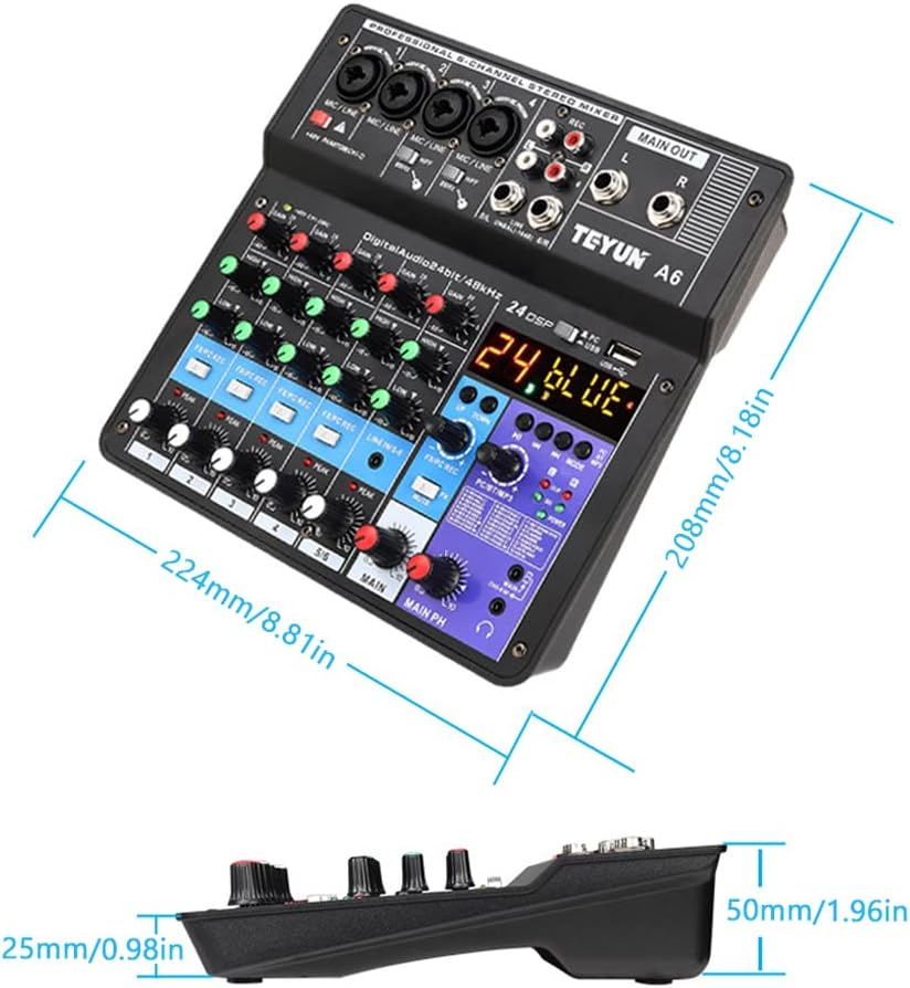 Mingzhe A6 6CH Protable Mini Mixer Audio Console with Sound Card USB Recording Singing Webcast Party Mixer image number 3