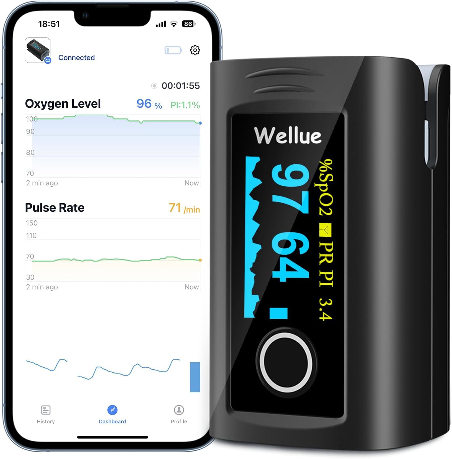 Wellue Fingertip Blood Oxygen Saturation Monitor with Alarm, Batteries, Carry Bag & Lanyard for Wellness Use PC-60FW Bluetooth image number 2