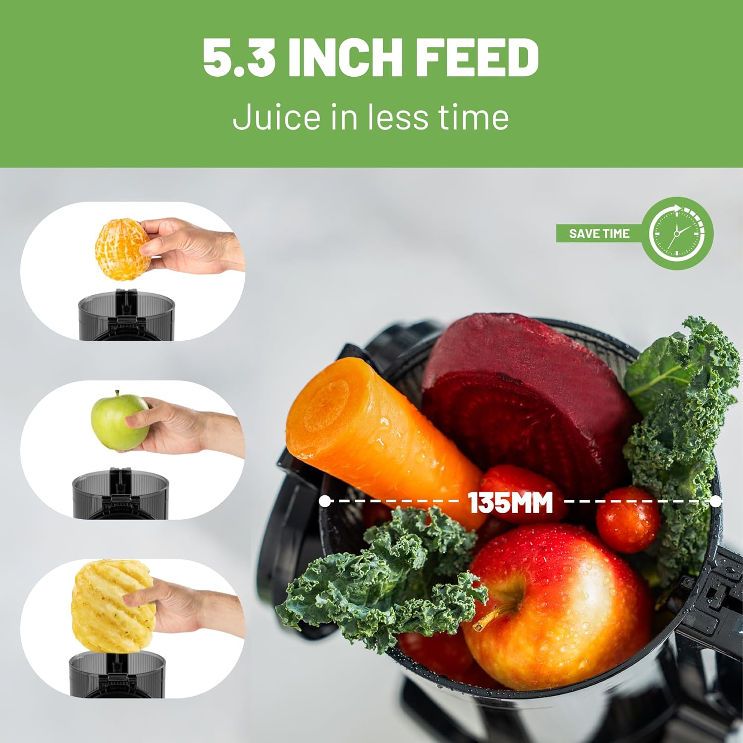 Fretta Juicers Whole Fruit and Vegetable,135Mm Large Feeding Chute,Cold Press Juicer Machines,Fruit Juicer,Apple Juicer,Masticating Slow Juicer with Unclog Reverse Function,Perfect Gifts for New Year image number 3