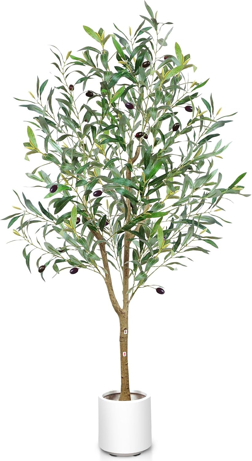 Lenamos Olive Trees Artificial Indoor, Tall Faux Olive Tree with White Tall Planter, Artificial Plants with Natural Wood Trunk and Lifelike Fruits for Home Office Decor (4.3Ft/130Cm) image number 5