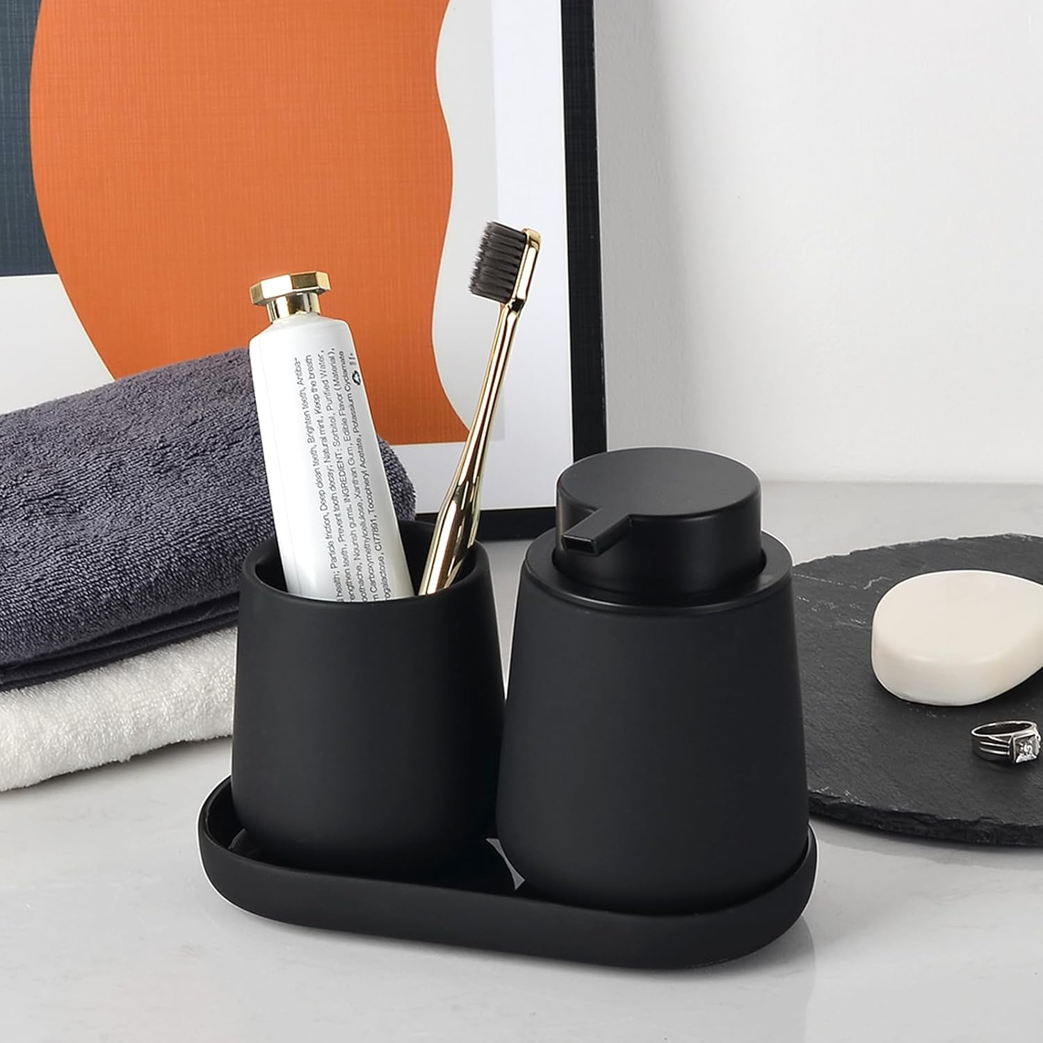 Umlaca Black Bathroom Accessories Set 3 Pcs - Ceramic Foaming Bathroom Soap Dispenser Set Farmhouse Black Bathroom Decor, Soap Dispenser and Toothbrush Holder/Tumbler Cup, Tray