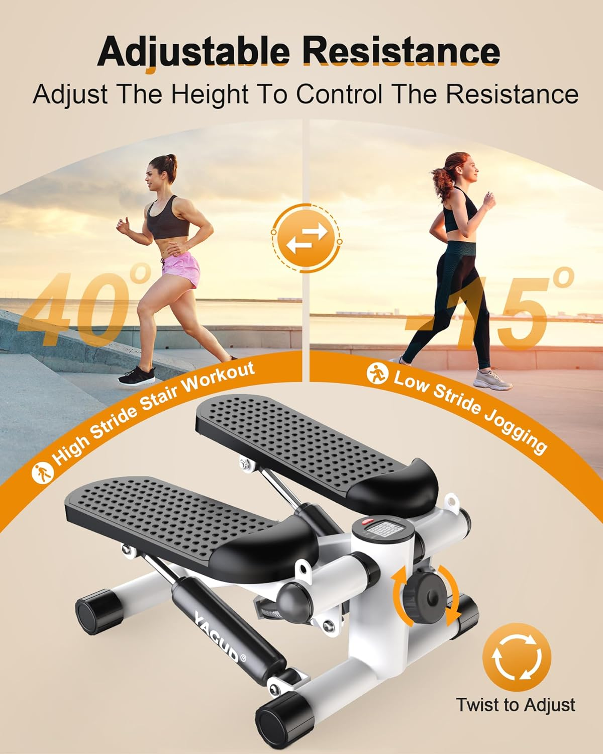Yagud Steppers for Exercise at Home, Mini Stair Stepper with Resistance Bands, Portable under Desk Stepper Workout Step Machine 300 Lbs Weight Capacity