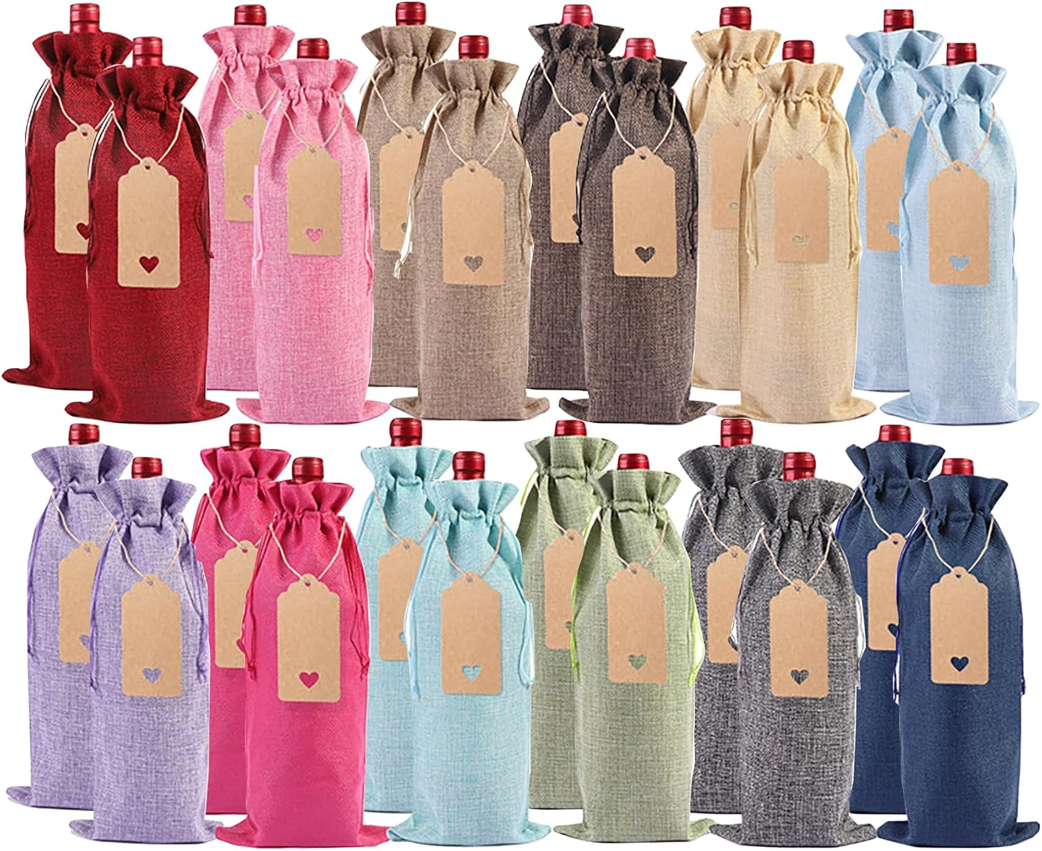 Tunghey Premium Burlap Wine Bags and 24Pcs Gift Tags, 12Color Reusable Wine Gift Bags with Drawstrings, Wine Bottle Bags, Wine Bags for Wedding, Birthday, Blind Tastings, Christmas, Travel,Party (24Pack)