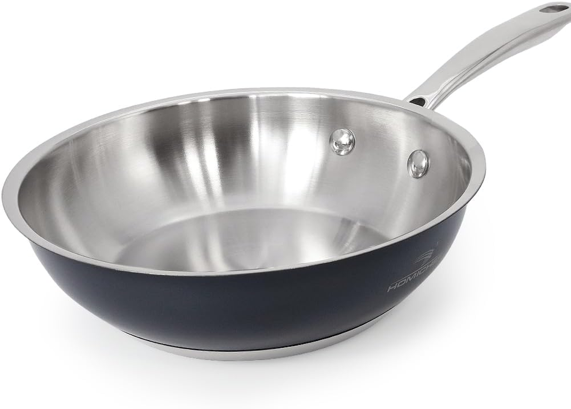 HOMICHEF Navy Gray 24 Cm Nickel Free Fry Pan Stainless Steel (No Toxic Non Stick Coating) - Induction Cookware Frying Pan - Noble Fry Pan Stainless Steel Wok Nickel Free Pans Skillets
