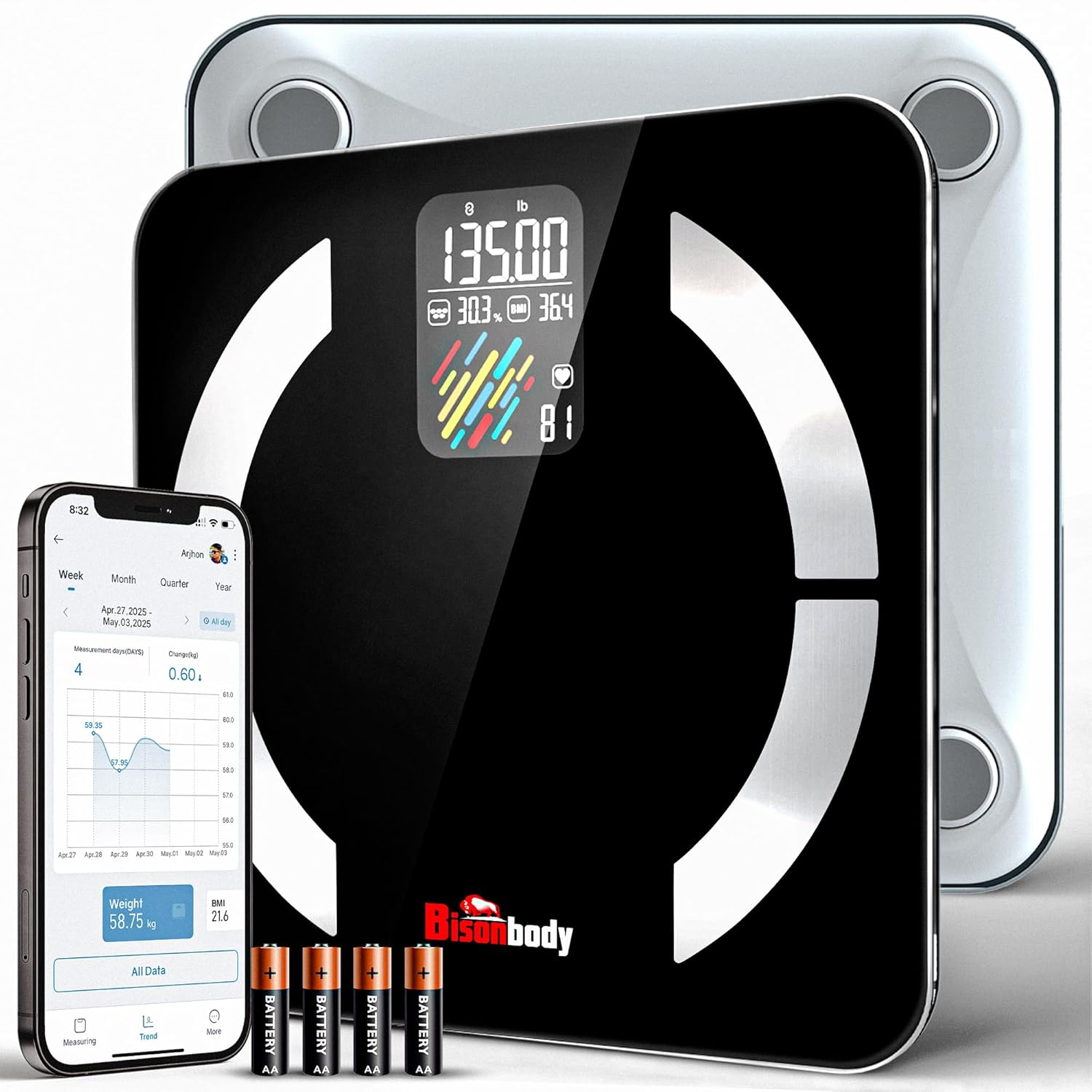 Smart Digital Bathroom Body Scale &ndash; Large Display Accurate Result &ndash; 22 Metrics Including Cardiac Index, Heart Rate, Body Fat, BMI &ndash; Tempered Glass &ndash; App Support Bluetooth with Free Batteries image number 4