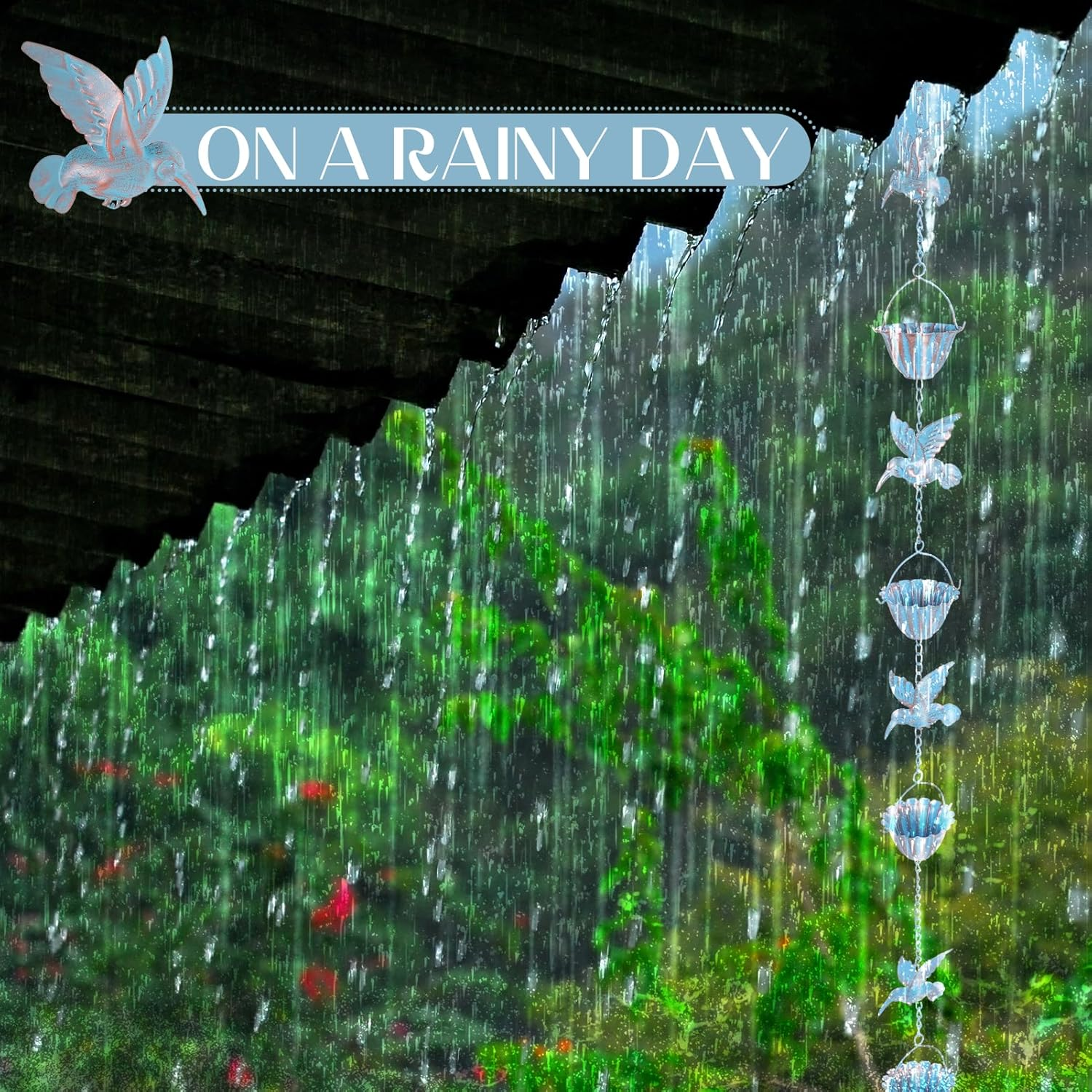 Metal Rain Chain, 7.9 Foot Rain Catcher Chain with 7 Water Cups and 7 Removable Hummingbird Decorative Rain Chains, Easy to Install Gutter Rain Collector Chain for Eaves Drainage image number 3