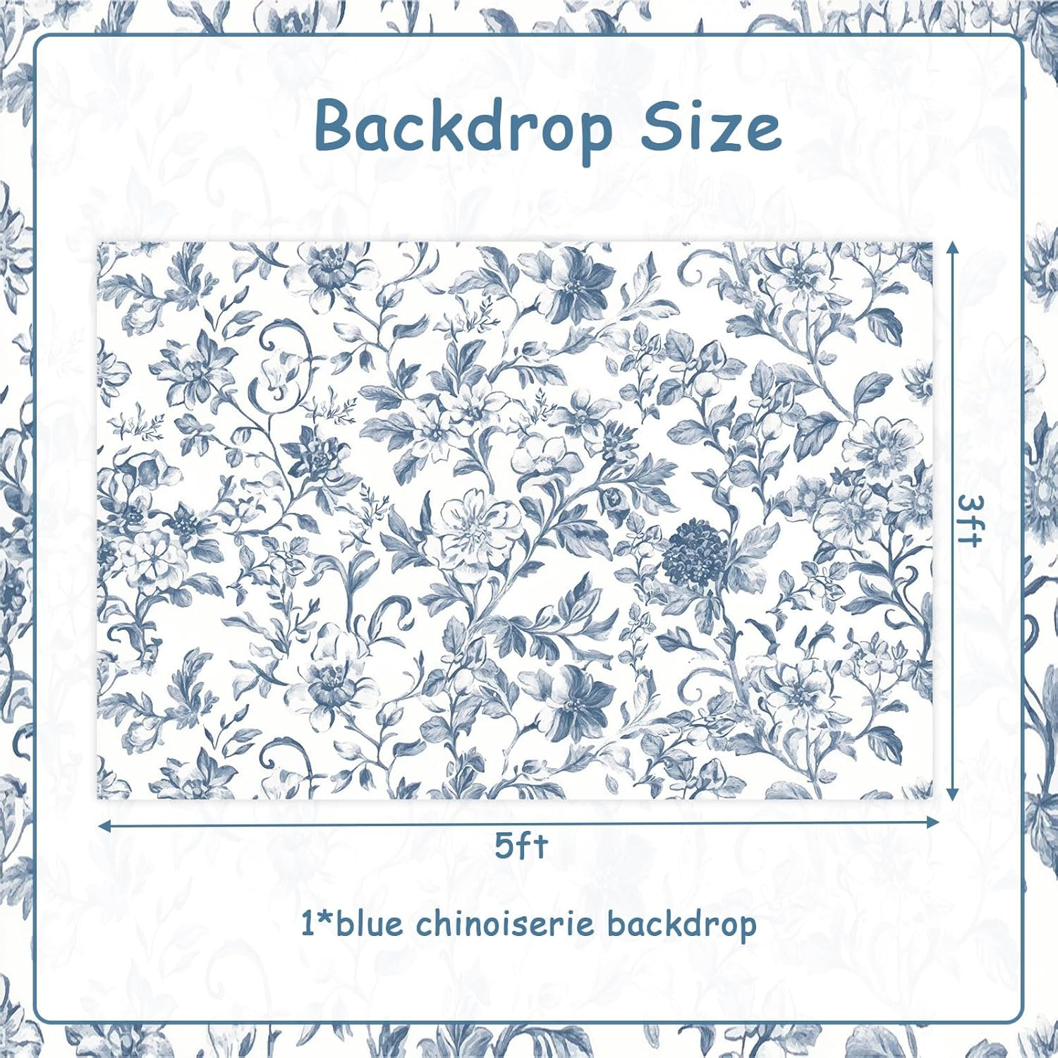 Wonmelody Blue Chinoiserie Party Decorations 5 * 3 Ft Blue Chinoiserie Backdrop Blue Floral Safari Birthday Baby Shower Backdrop Decor for Floral Blue Chinoiserie Birthday Wedding Bridal Shower image number 1