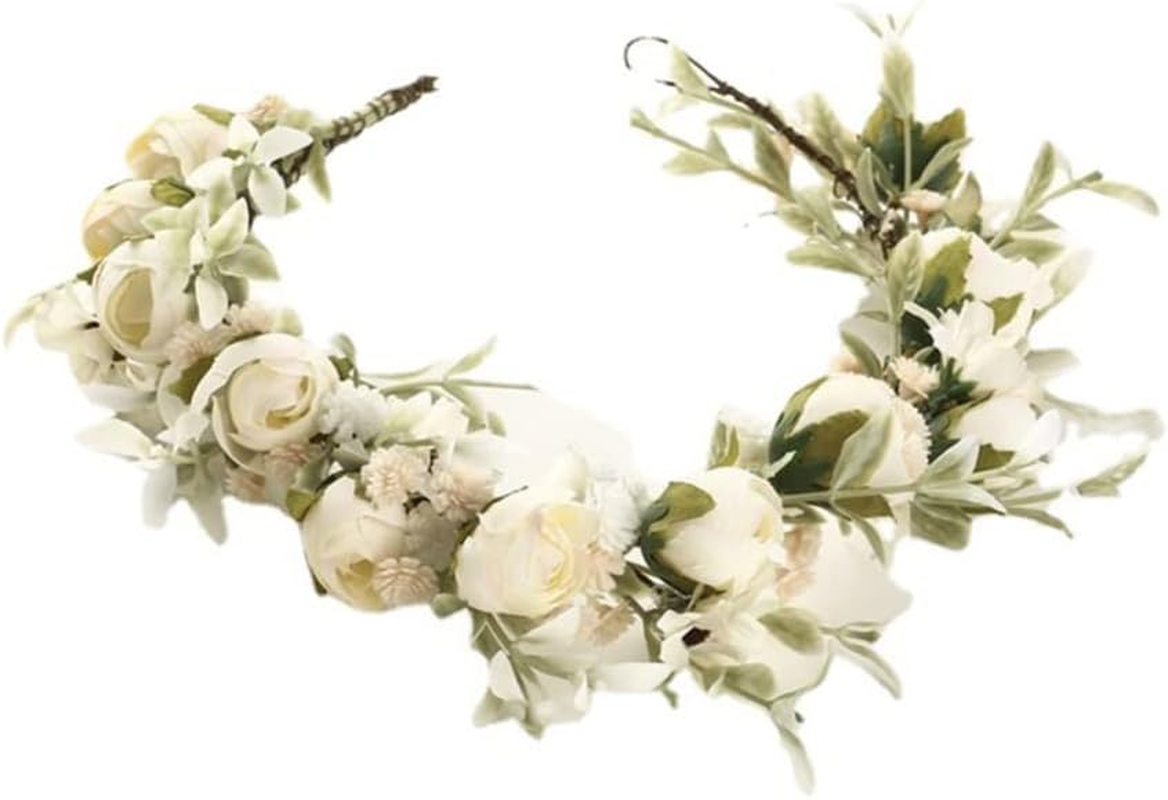 Flower Crown, Vintage Boho Artificial Flower Headband, Adjustable Flower Headpiece, Hair Wreath for Wedding, Bridal, Flower Crown, Festival Party, White