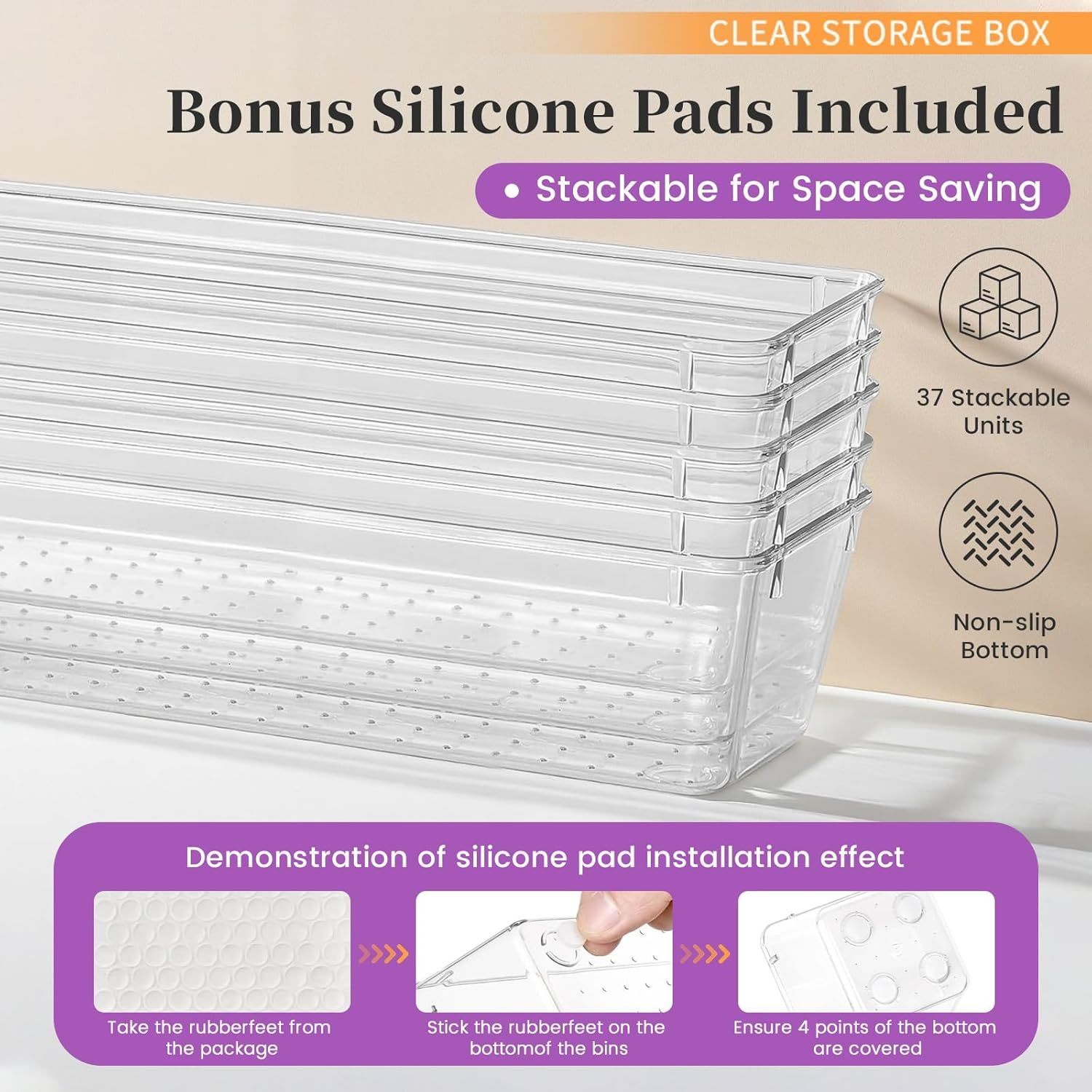 37-Piece Clear Plastic Storage Organizer Set &ndash; 4-Size Stackable Clear Drawer Dividers for Makeup, Jewelry, Office & Kitchen | Space-Saving Design | Perfect for Drawers, Desks & Countertops image number 2
