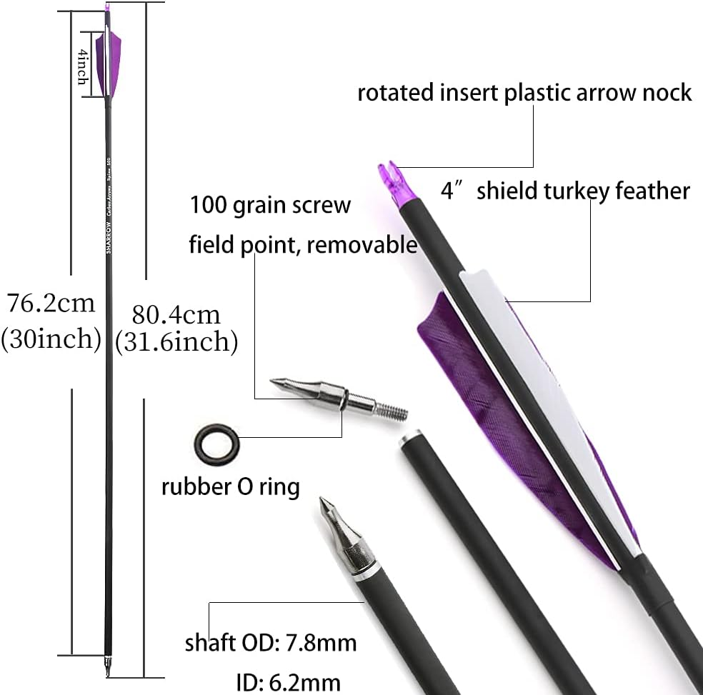 ZSHJGJR 30 Inch Archery Carbon Arrows Hunting Arrows with 4&rdquo; Turkey Feather Targeting Practice Arrows Spine 500 for Compound & Recurve & Traditional Bow 6/12Pcs