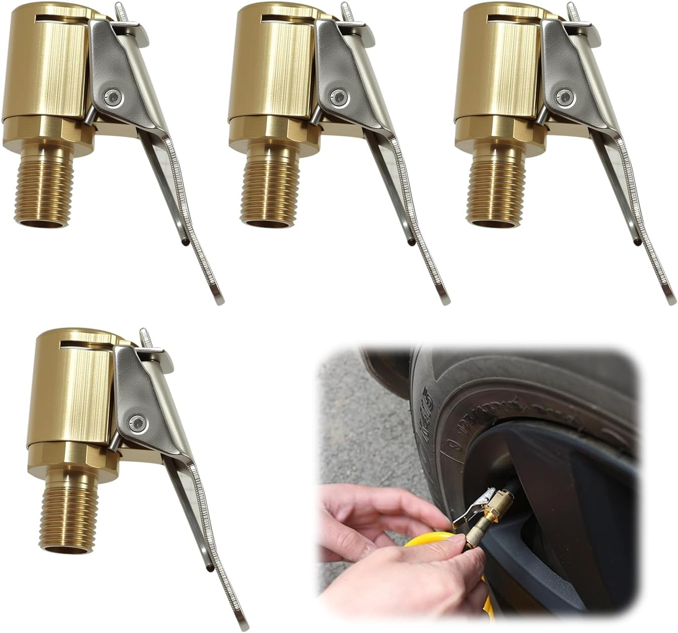 4 Pcs Tire Air Chuck with Clip Adapter, Brass Locking Tire Inflator Nozzle Adapter, Vehicle Inflator Compressor Pump Accessories Tool for Car Bike Motorcycle Air Hose 8Mm for Inflation image number 5