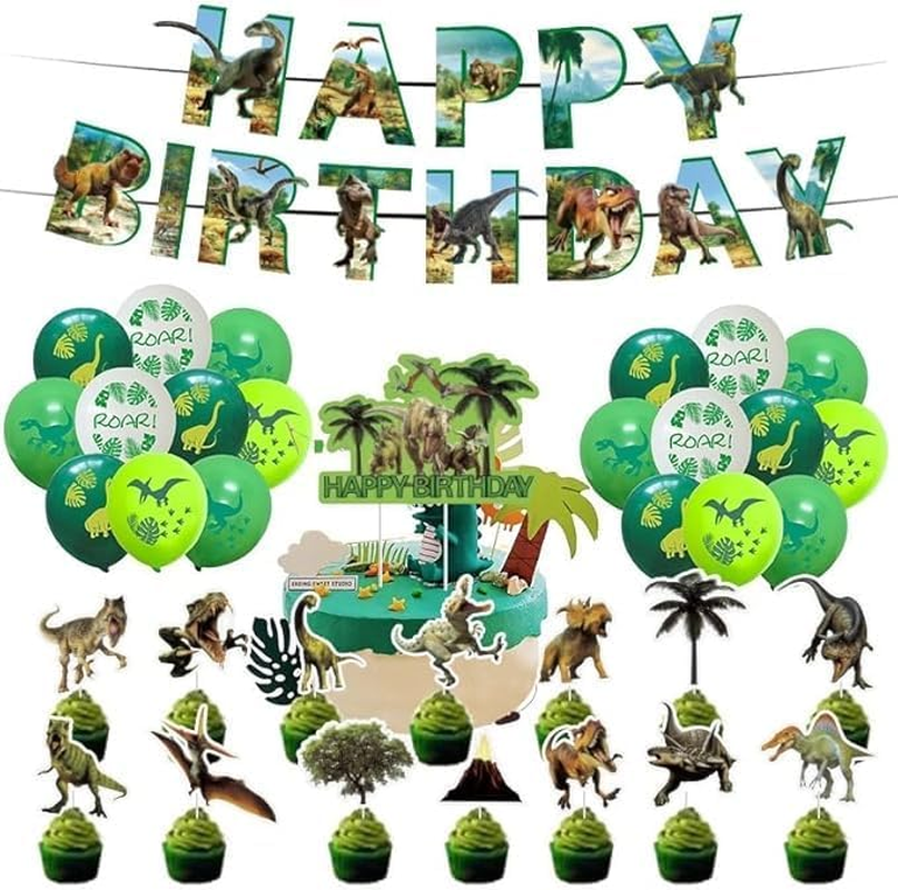 Dinosaur Party Decorations, Jurassic Dinosaur Birthday Party Supplies with T-Rex Birthday Banner, Hanging Swirls, Cake Toppers, Balloons for Boys Girls Jungle Dinosaur World Party image number 2
