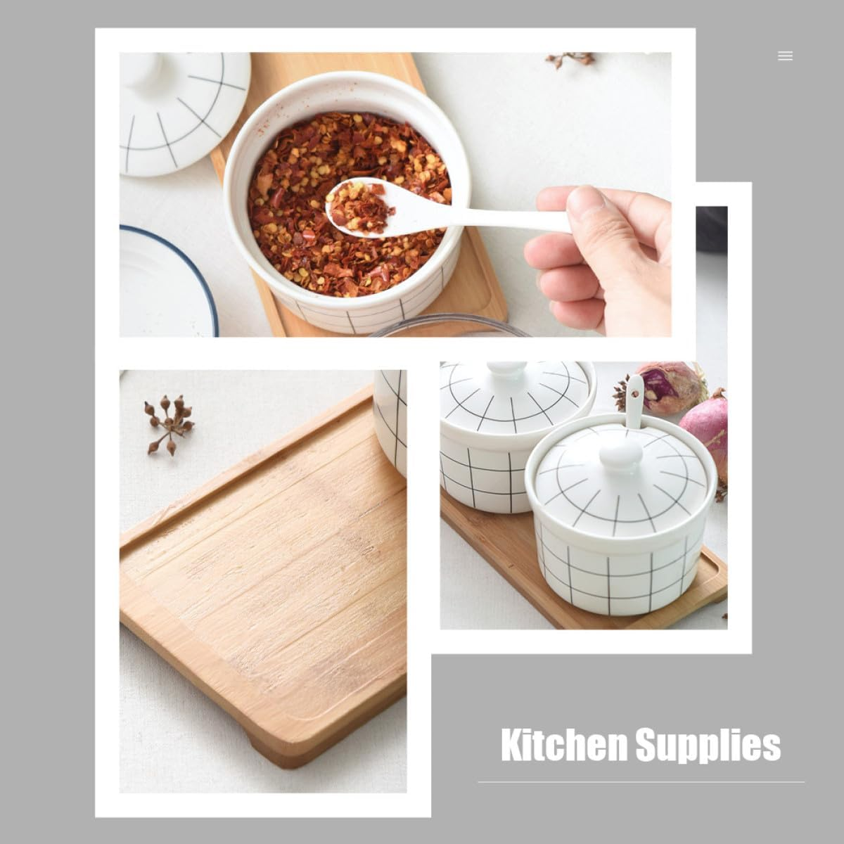 Happyyami Ceramic Salt Jar Spice Storage Jars Condiment Box Set with 3 Spoons Bamboo Lid Kitchen Seasoning Canisters for Home Cooking and Dining