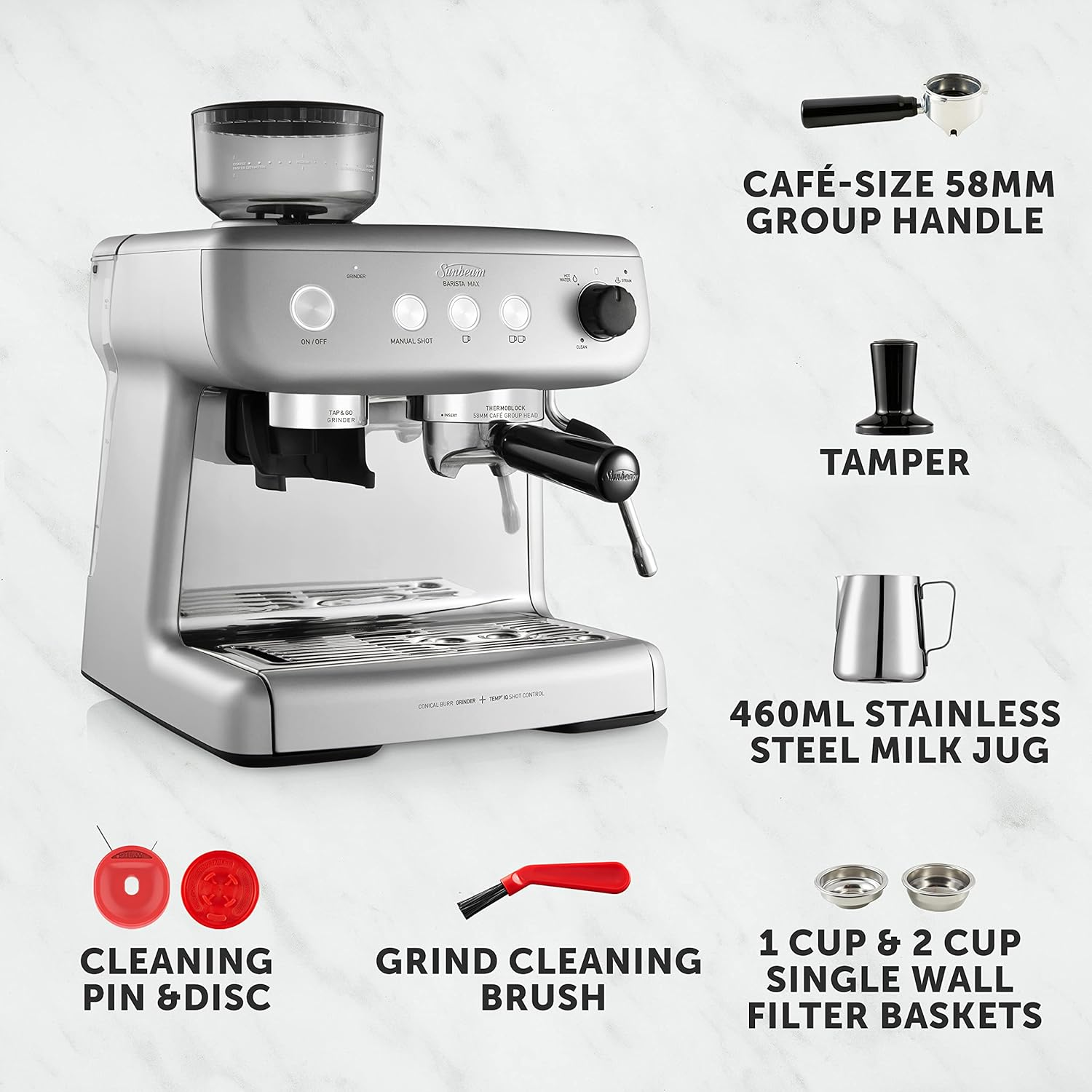 Sunbeam Barista Max Coffee Machine | Manual Espresso Machine, Latte & Cappuccino Coffee Maker with Integrated Bean Grinder & Steam Milk Frother, 15 Bar Italian Pump, Silver, EM5300S image number 1