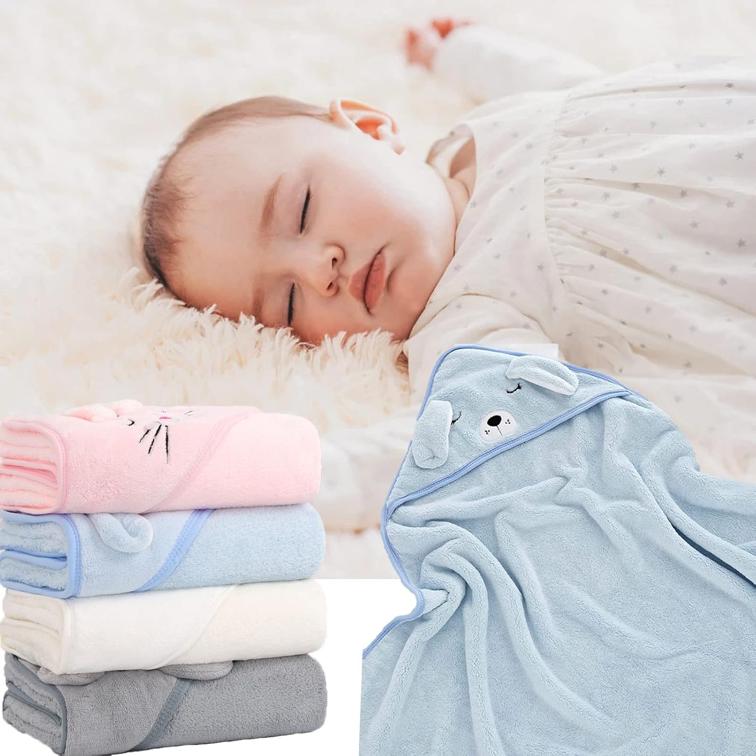 Hooded Baby Towel, Baby Bath Towels with Hood,Unique Animal Design Baby Towel with Hood Soft Absorbent Baby Bath Towels, for Newborn Baby Boy and Girl (White) image number 4