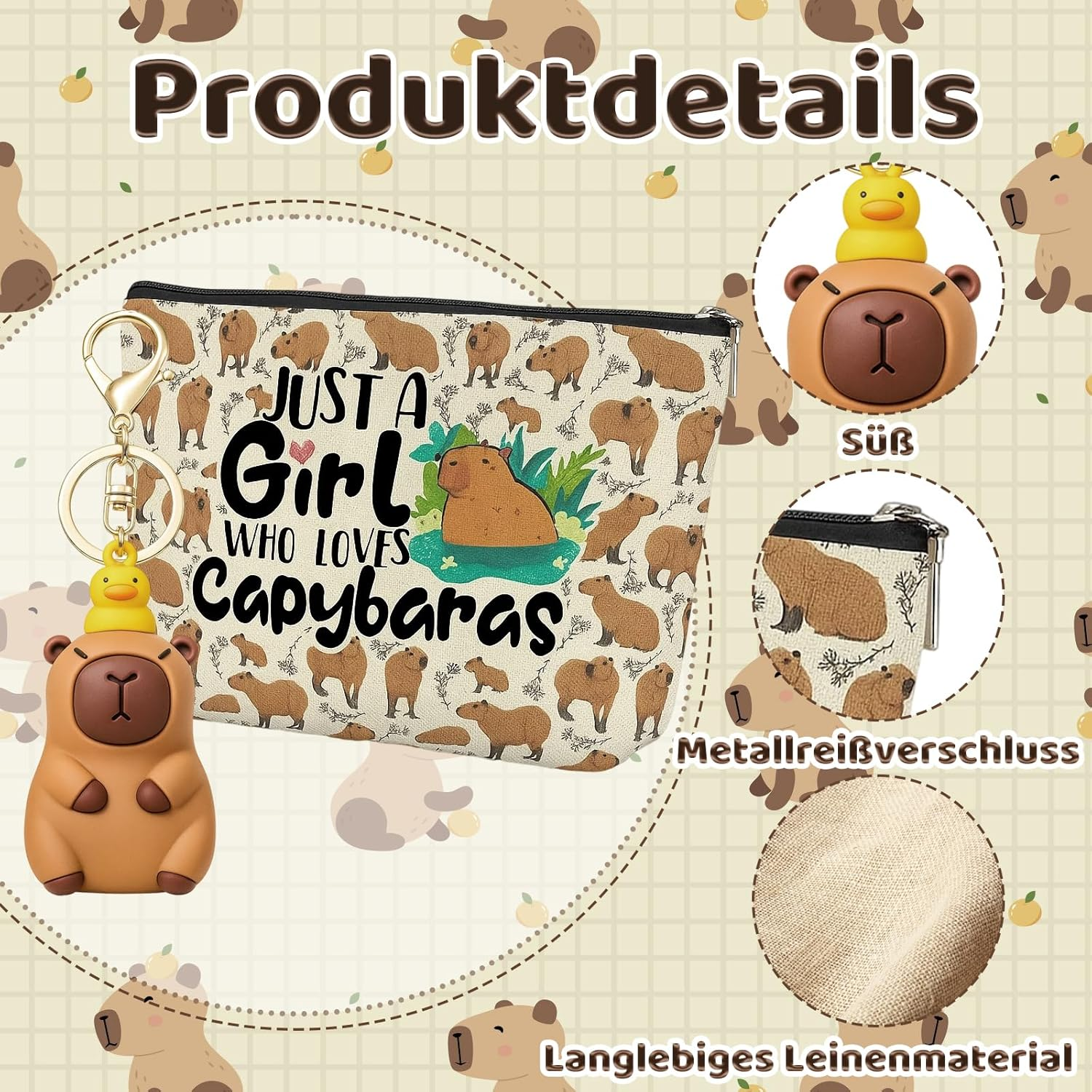 Capybara Make-Up Bag with Key Ring, Capybara Backpack, Cute Capybara Set for Travel and Everyday Life, Loved by Boys Women and Dolphin Lovers image number 1